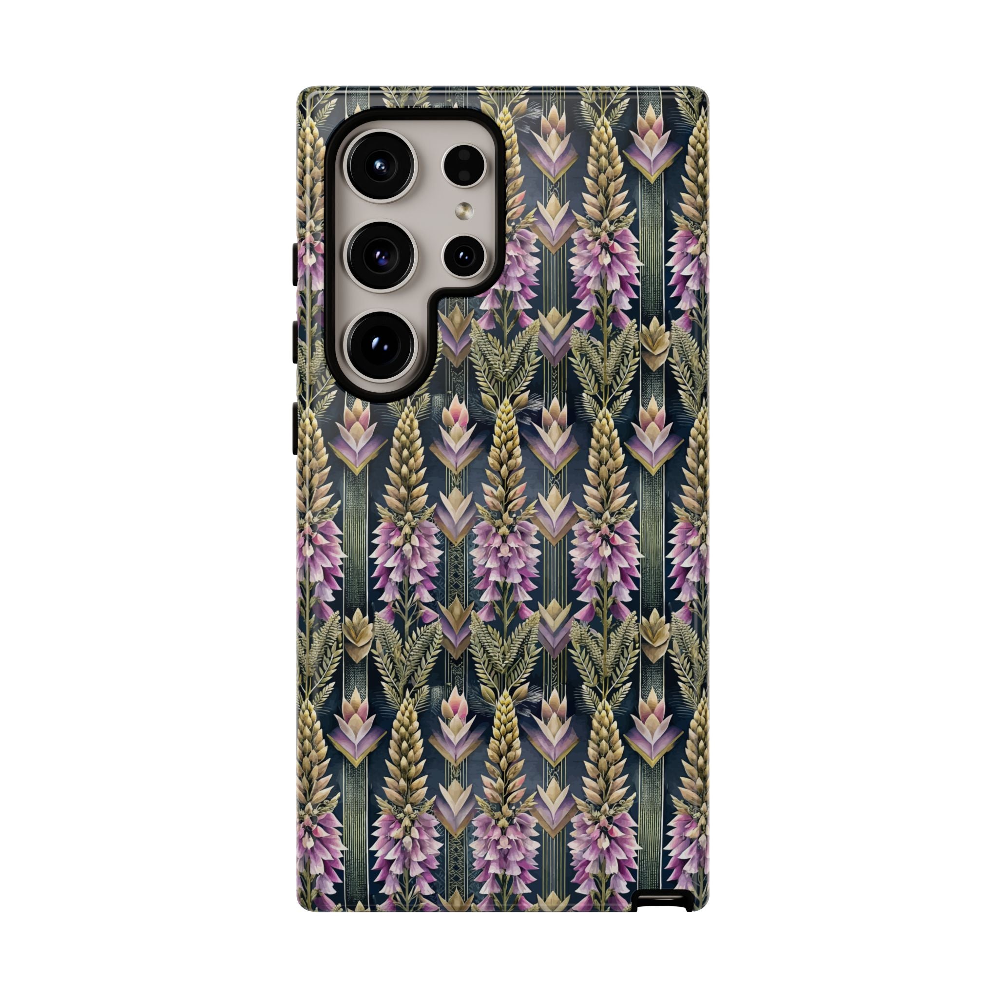 Art Deco Floral Chevron Tough Phone Case — Purple Lupine Pattern Mobile Protective Cover - iPhone, Google Pixel, Galaxy Models