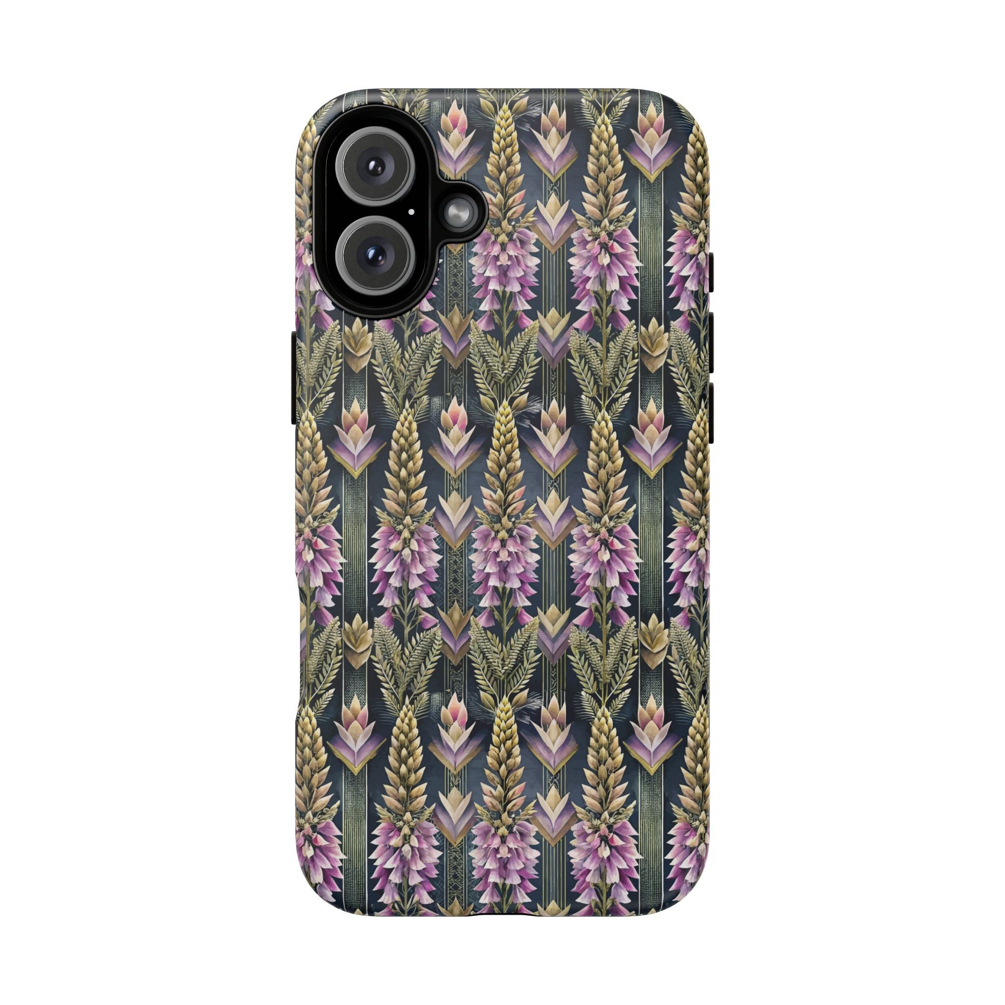 Art Deco Floral Chevron Tough Phone Case — Purple Lupine Pattern Mobile Protective Cover - iPhone, Google Pixel, Galaxy Models