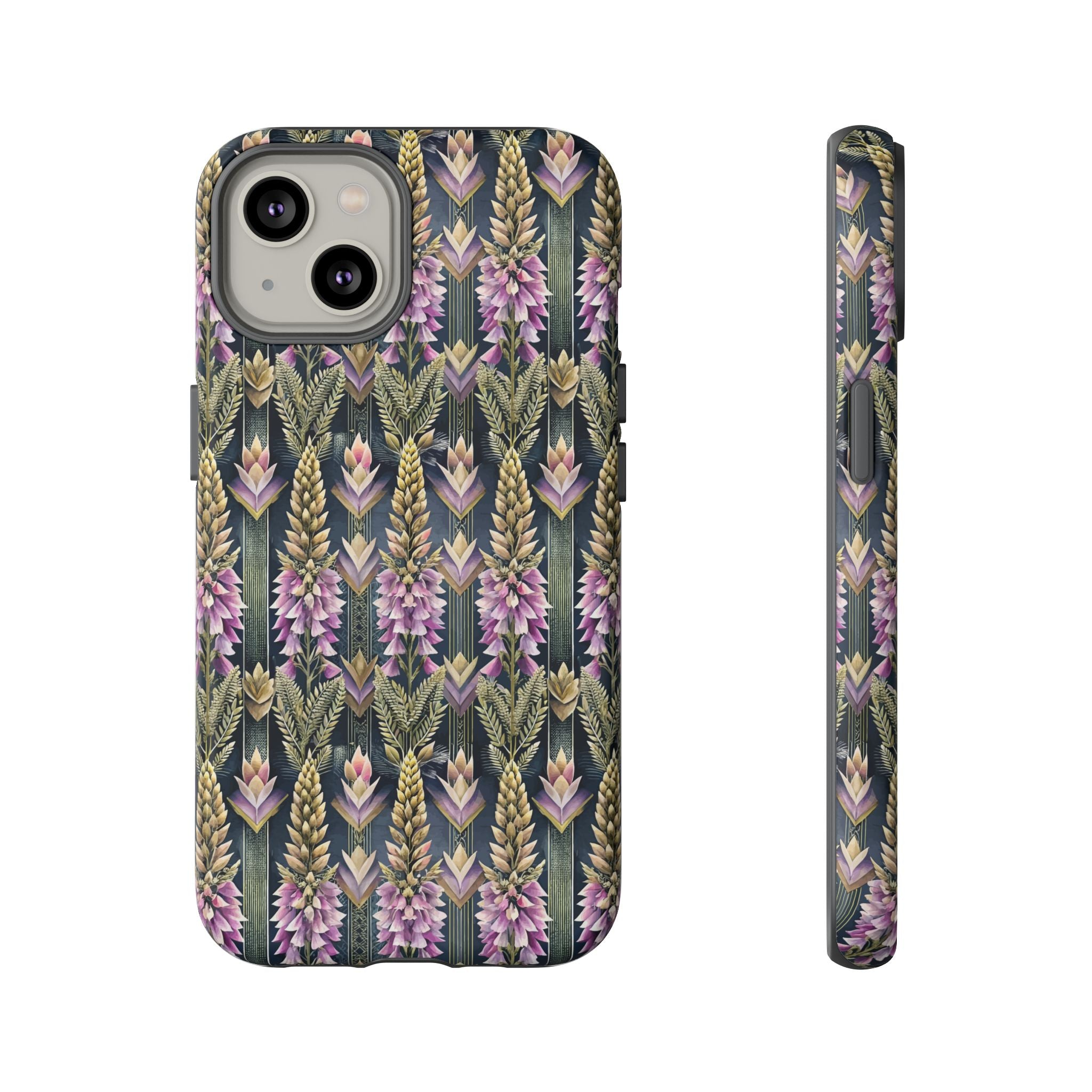 Art Deco Floral Chevron Tough Phone Case — Purple Lupine Pattern Mobile Protective Cover - iPhone, Google Pixel, Galaxy Models