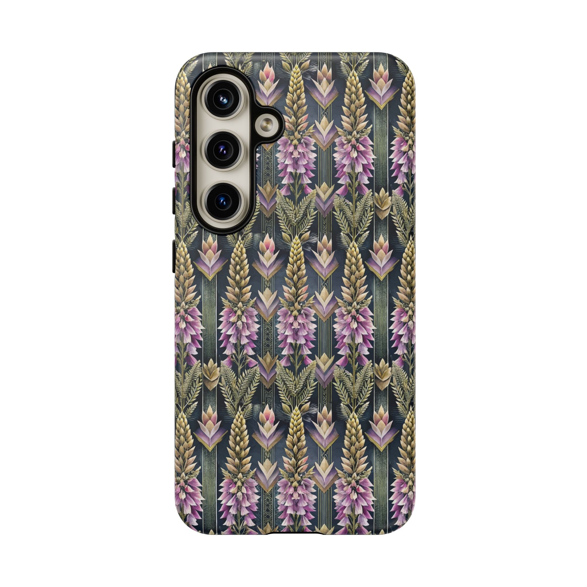 Art Deco Floral Chevron Tough Phone Case — Purple Lupine Pattern Mobile Protective Cover - iPhone, Google Pixel, Galaxy Models