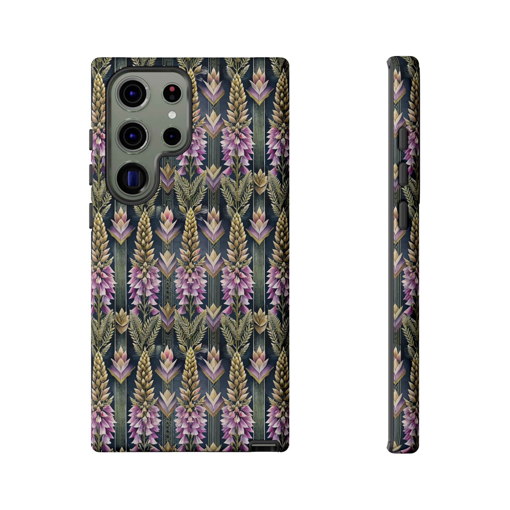 Art Deco Floral Chevron Tough Phone Case — Purple Lupine Pattern Mobile Protective Cover - iPhone, Google Pixel, Galaxy Models
