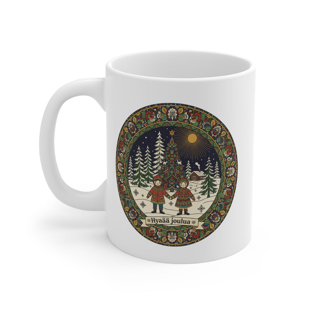 "Hyvää joulua" White Ceramic Mug — Finnish Folk Christmas Winter Scene - 11 oz Coffee Cup