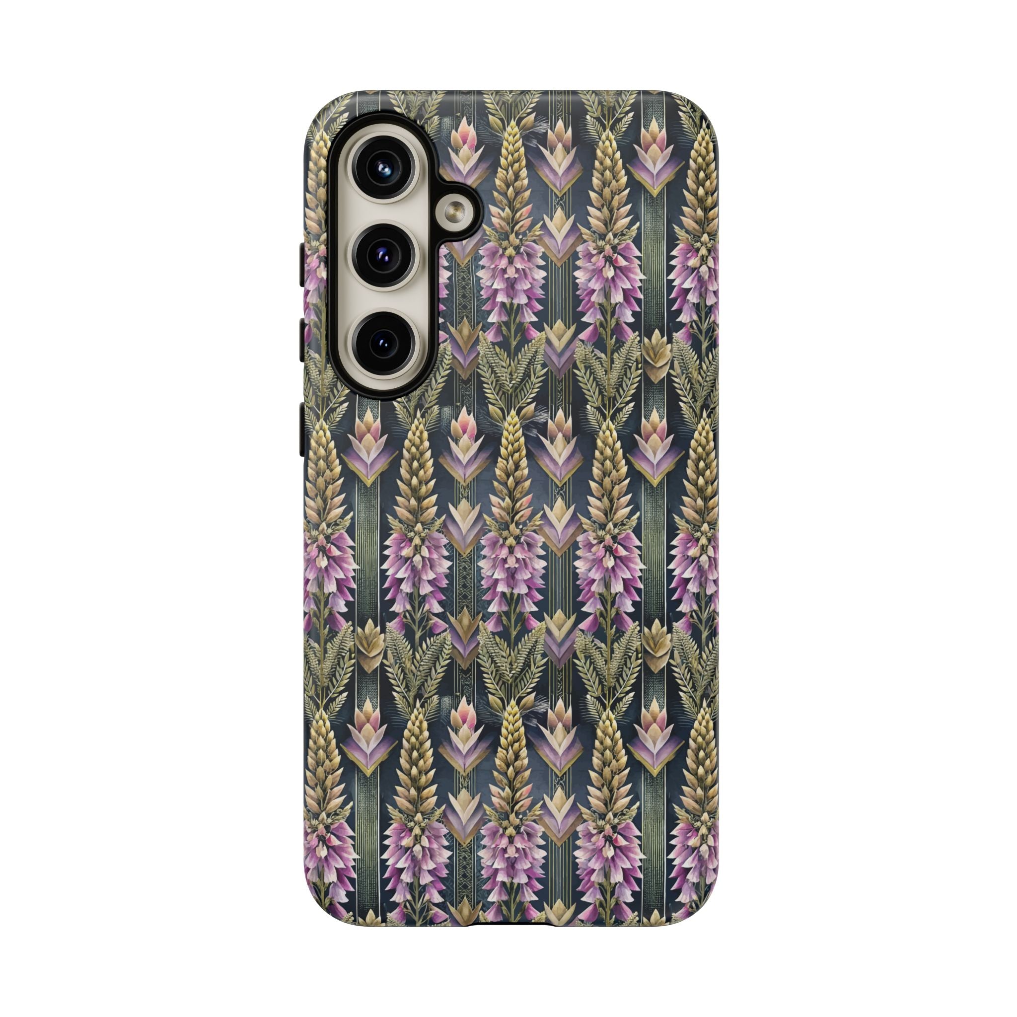 Art Deco Floral Chevron Tough Phone Case — Purple Lupine Pattern Mobile Protective Cover - iPhone, Google Pixel, Galaxy Models