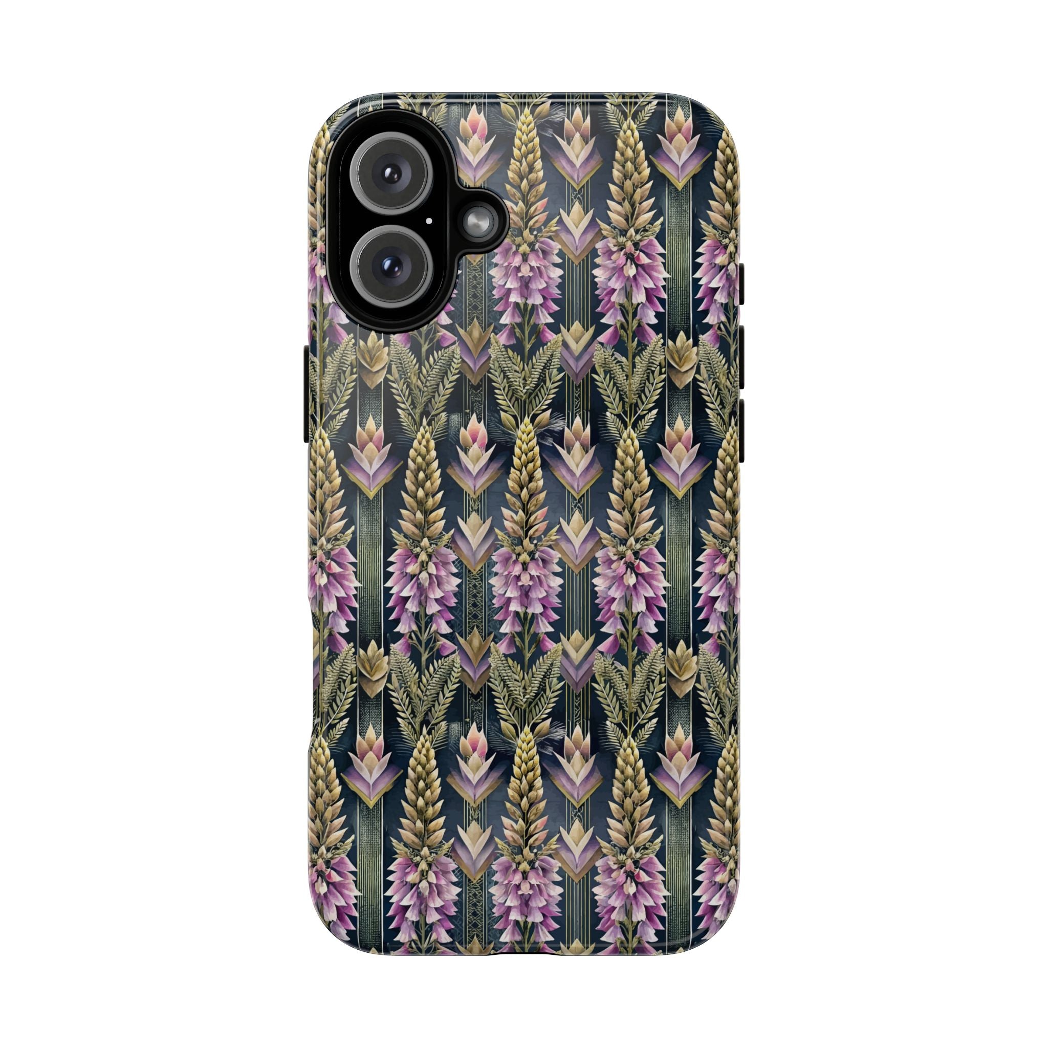 Art Deco Floral Chevron Tough Phone Case — Purple Lupine Pattern Mobile Protective Cover - iPhone, Google Pixel, Galaxy Models