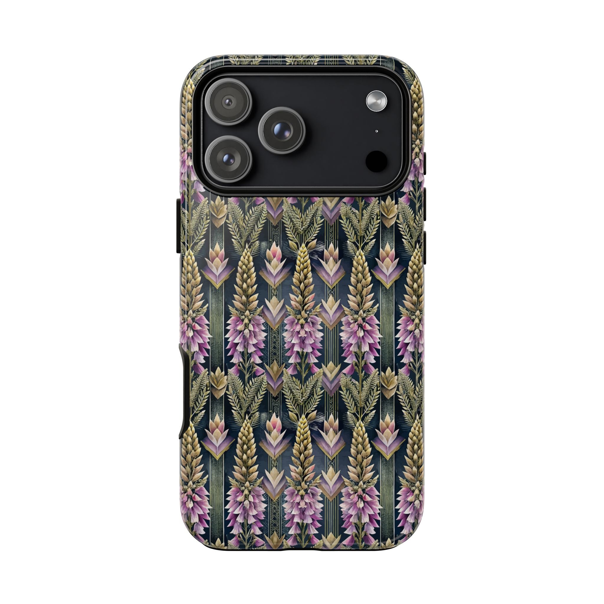 Art Deco Floral Chevron Tough Phone Case — Purple Lupine Pattern Mobile Protective Cover - iPhone, Google Pixel, Galaxy Models
