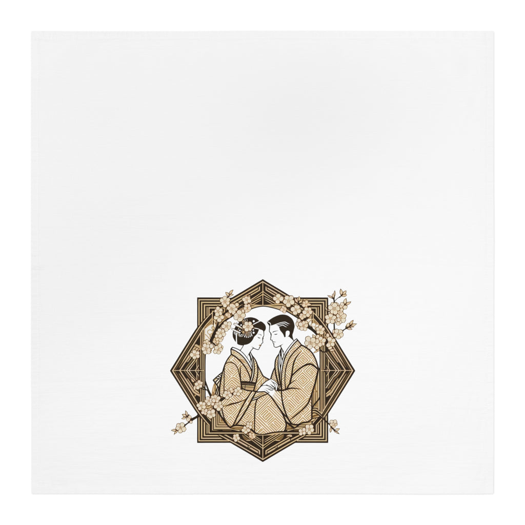 28 Inch Square Cotton Tea Towel — Vintage Japanese Couple Illustration Kitchen Towel