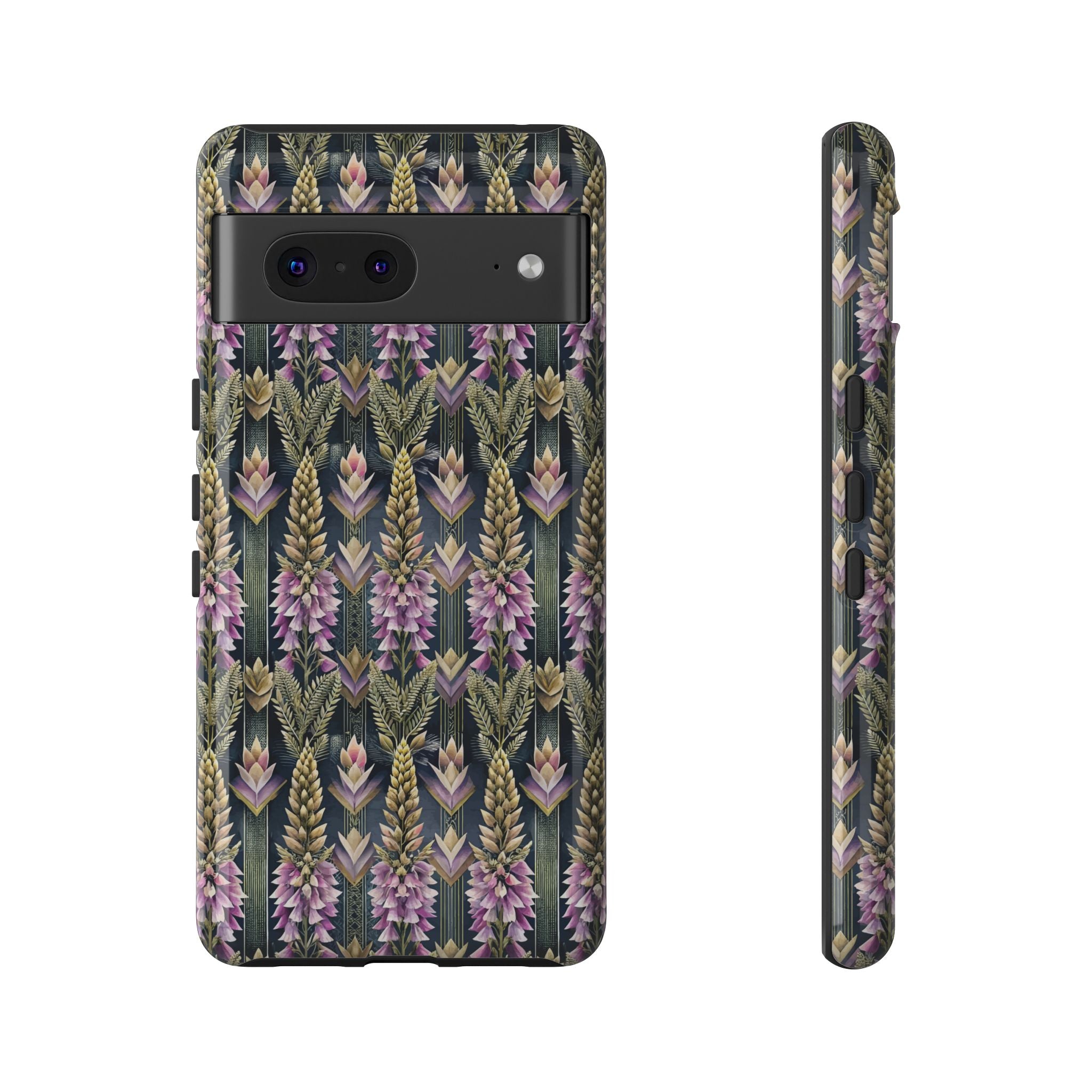 Art Deco Floral Chevron Tough Phone Case — Purple Lupine Pattern Mobile Protective Cover - iPhone, Google Pixel, Galaxy Models