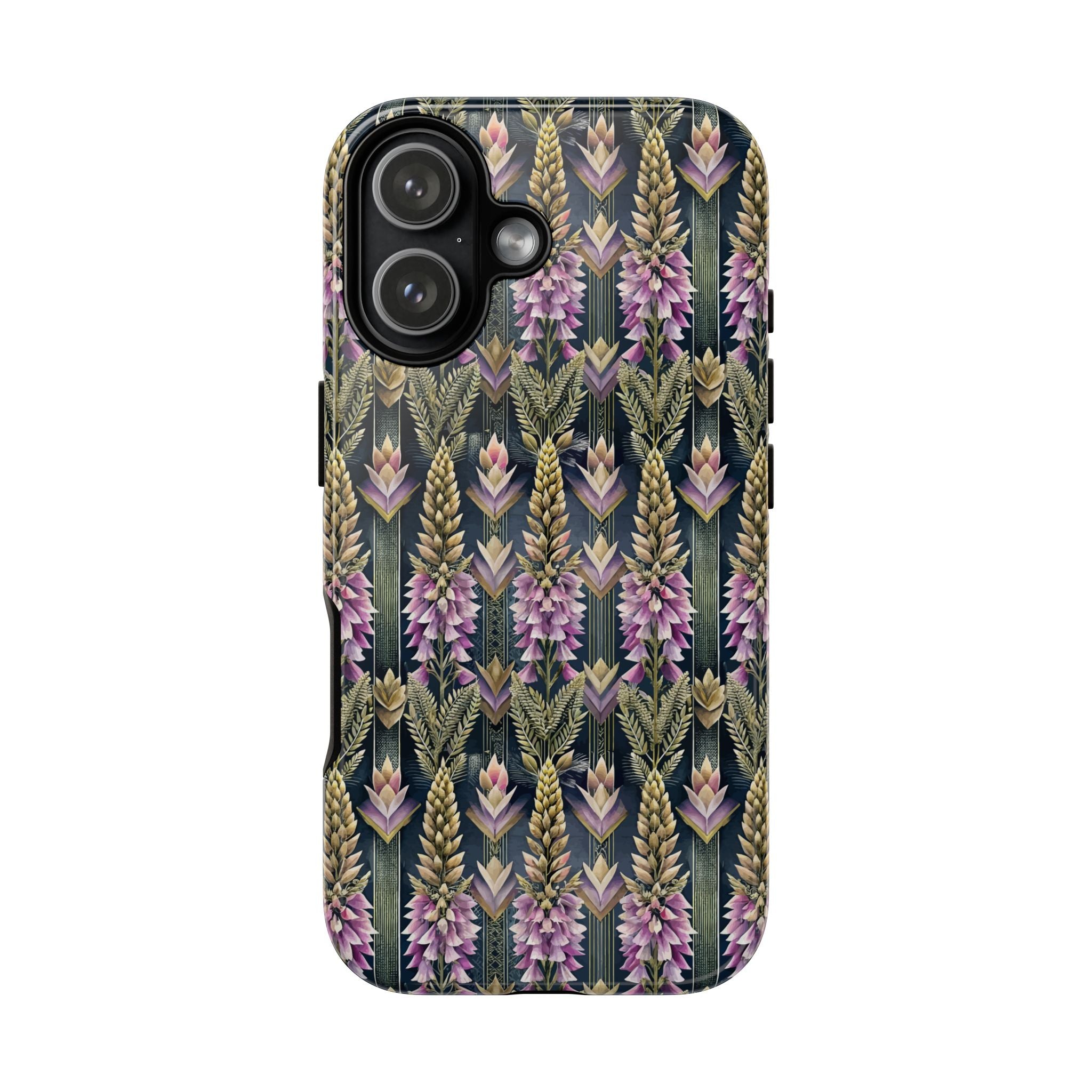 Art Deco Floral Chevron Tough Phone Case — Purple Lupine Pattern Mobile Protective Cover - iPhone, Google Pixel, Galaxy Models