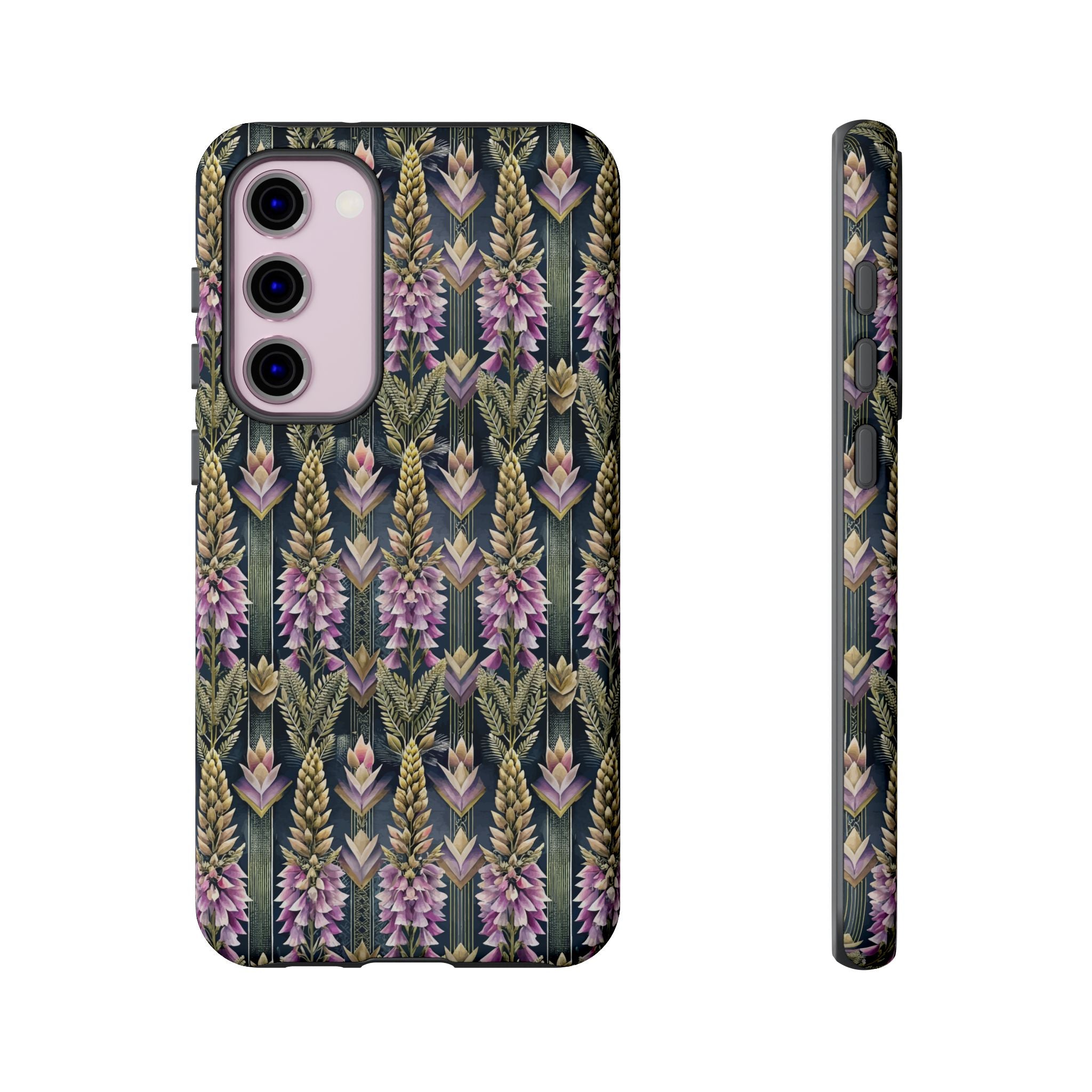 Art Deco Floral Chevron Tough Phone Case — Purple Lupine Pattern Mobile Protective Cover - iPhone, Google Pixel, Galaxy Models