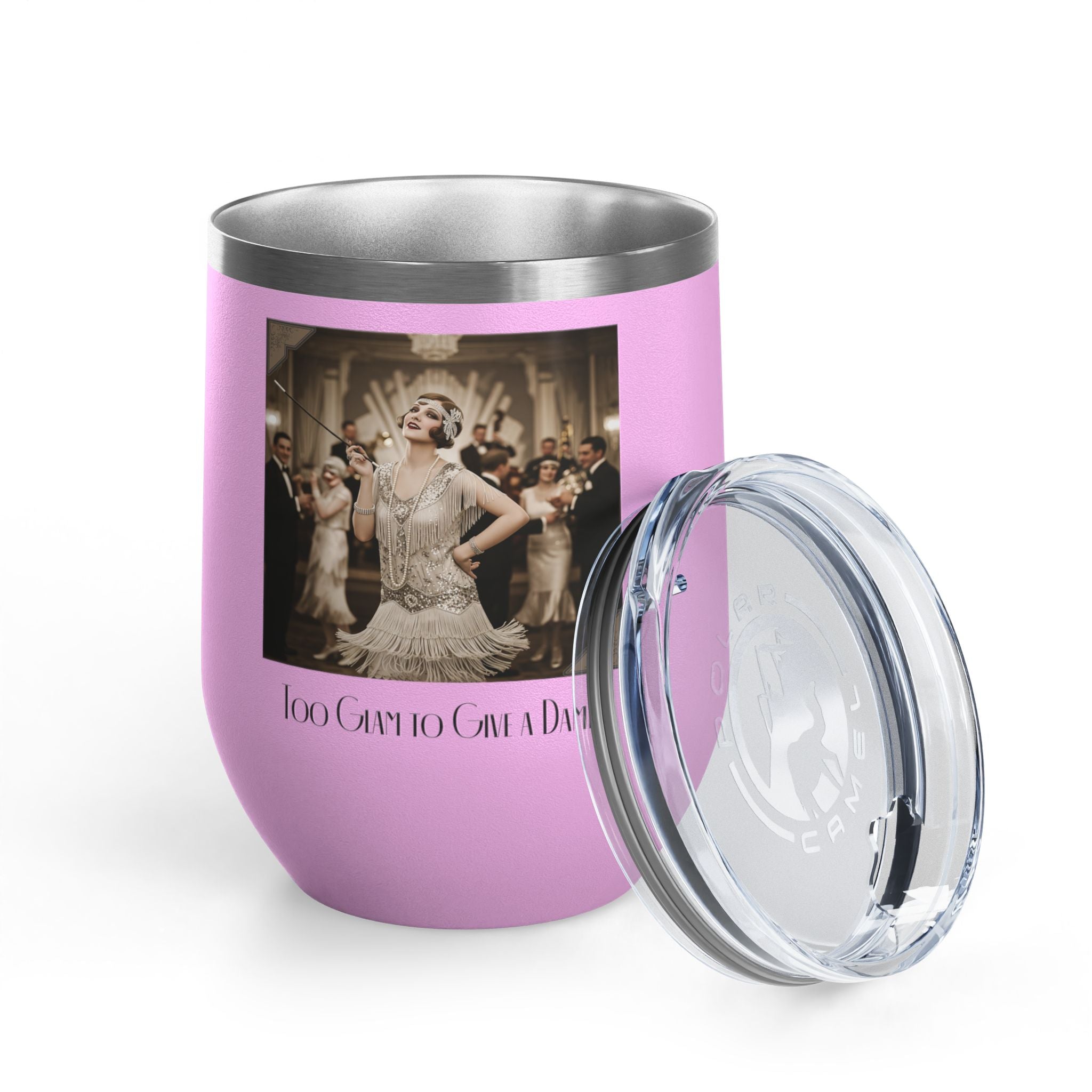 12oz Stainless Steel Wine Tumbler — Vintage Gatsby Party Design "Too Glam to Give a Damn"
