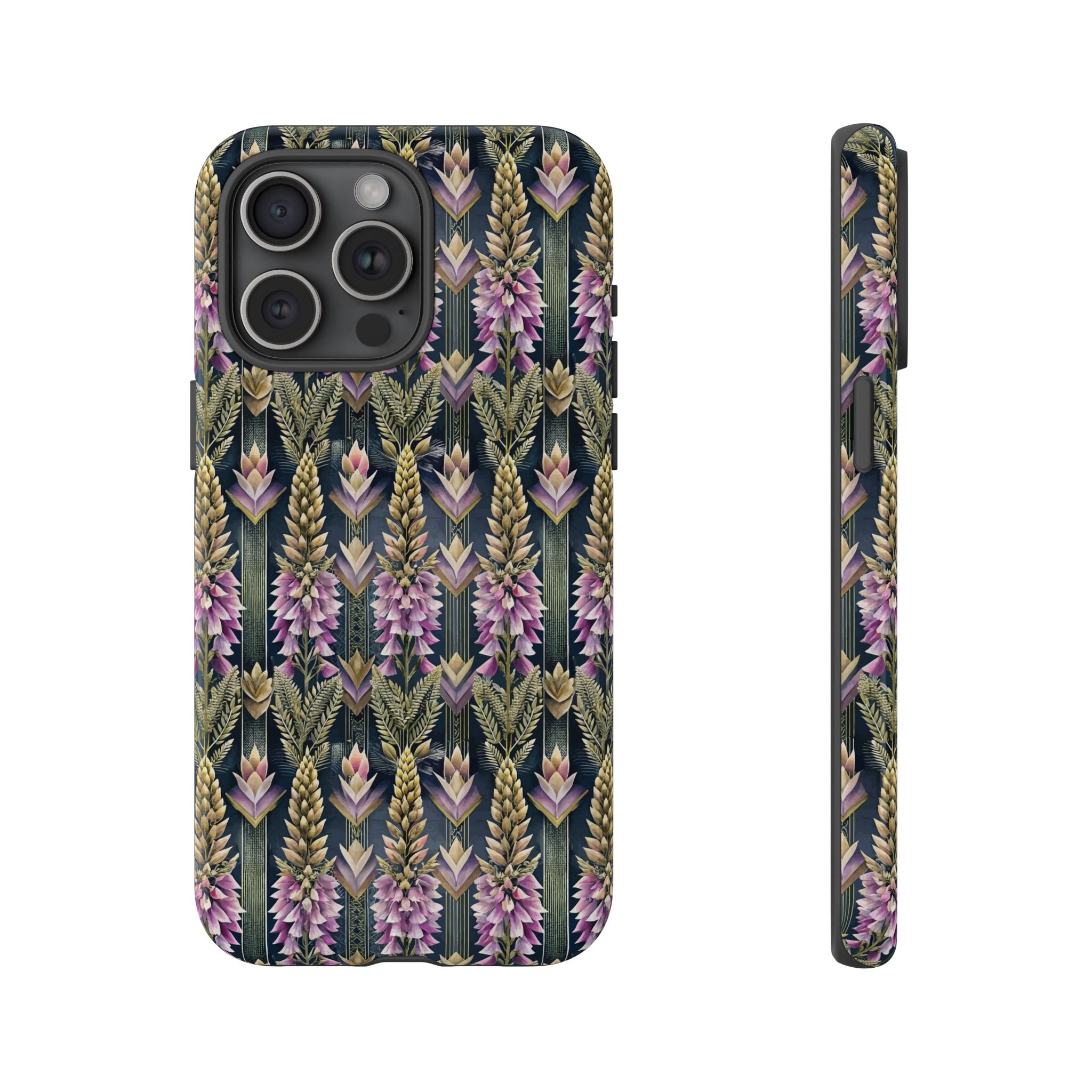 Art Deco Floral Chevron Tough Phone Case — Purple Lupine Pattern Mobile Protective Cover - iPhone, Google Pixel, Galaxy Models