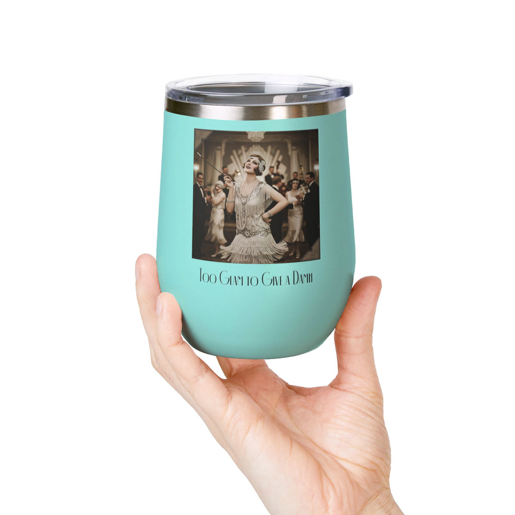 12oz Stainless Steel Wine Tumbler — Vintage Gatsby Party Design "Too Glam to Give a Damn"