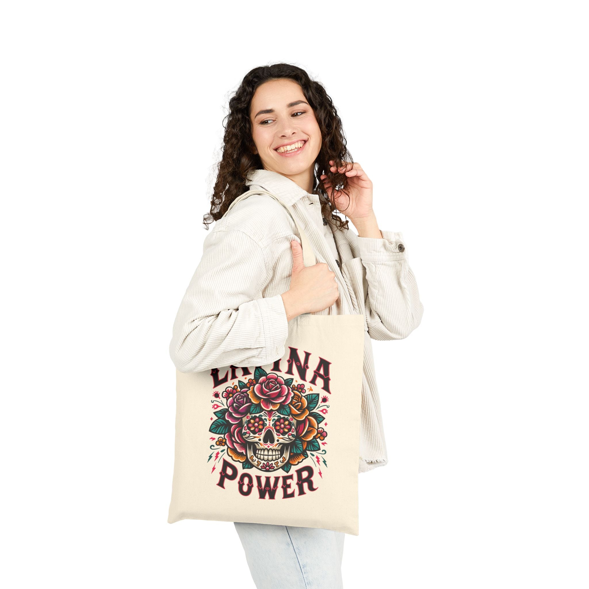 "Latina Power" Floral Sugar Skull Cotton Canvas Tote Bag