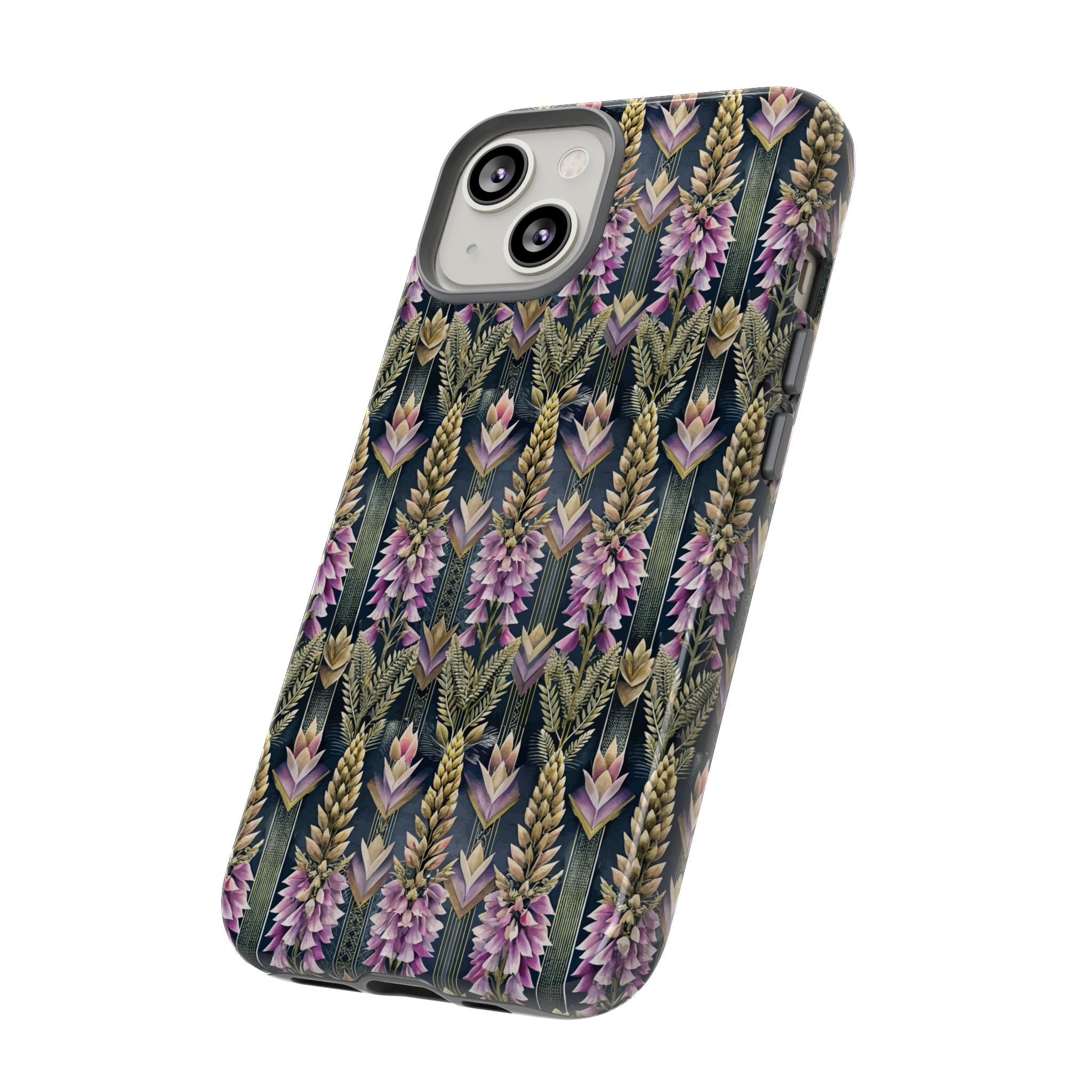 Art Deco Floral Chevron Tough Phone Case — Purple Lupine Pattern Mobile Protective Cover - iPhone, Google Pixel, Galaxy Models