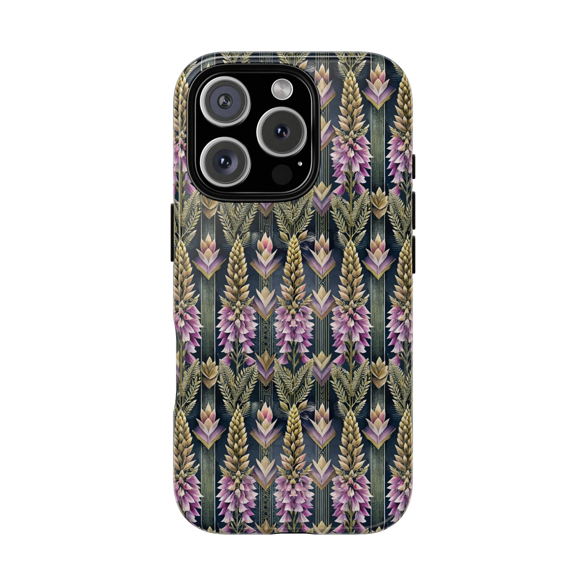 Art Deco Floral Chevron Tough Phone Case — Purple Lupine Pattern Mobile Protective Cover - iPhone, Google Pixel, Galaxy Models