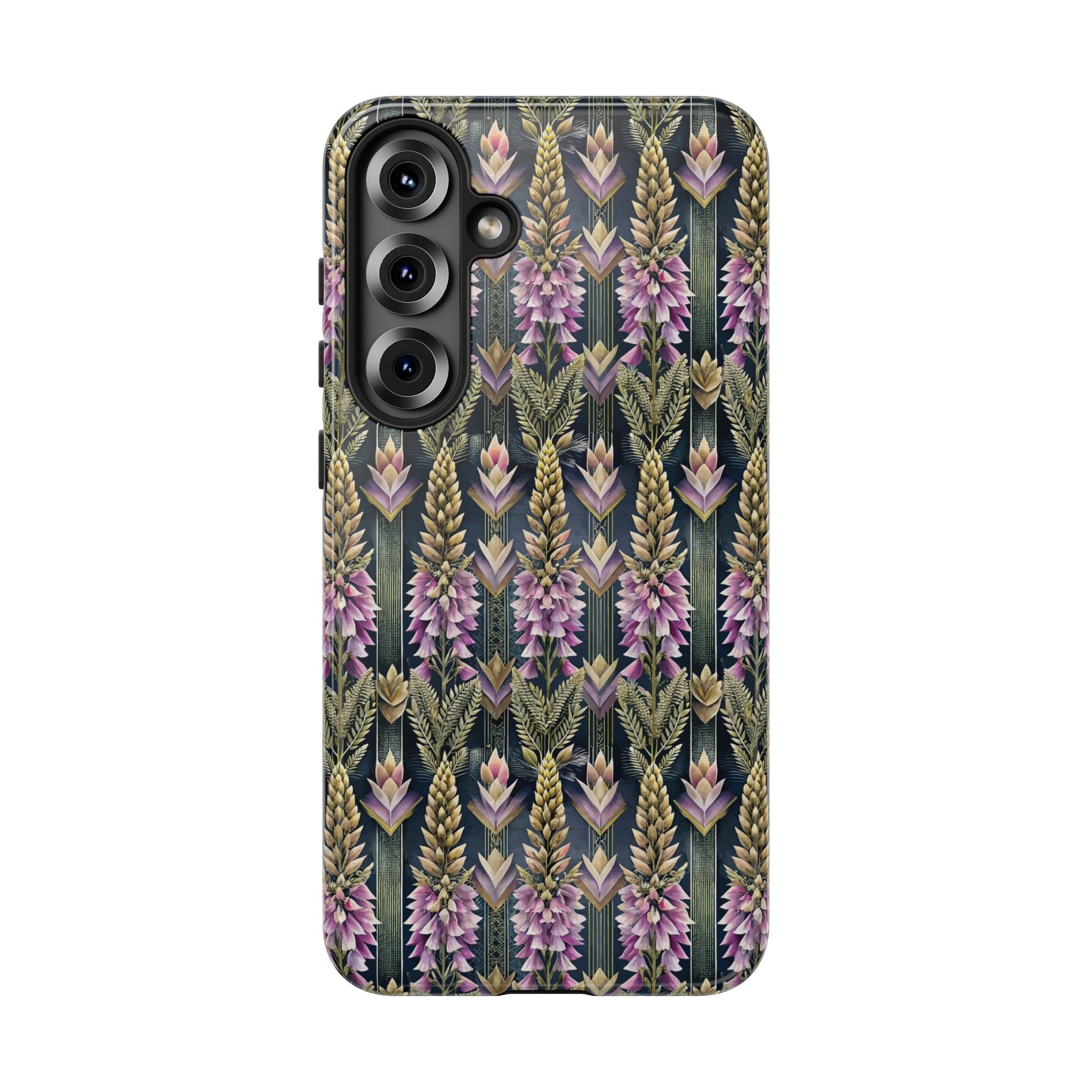 Art Deco Floral Chevron Tough Phone Case — Purple Lupine Pattern Mobile Protective Cover - iPhone, Google Pixel, Galaxy Models