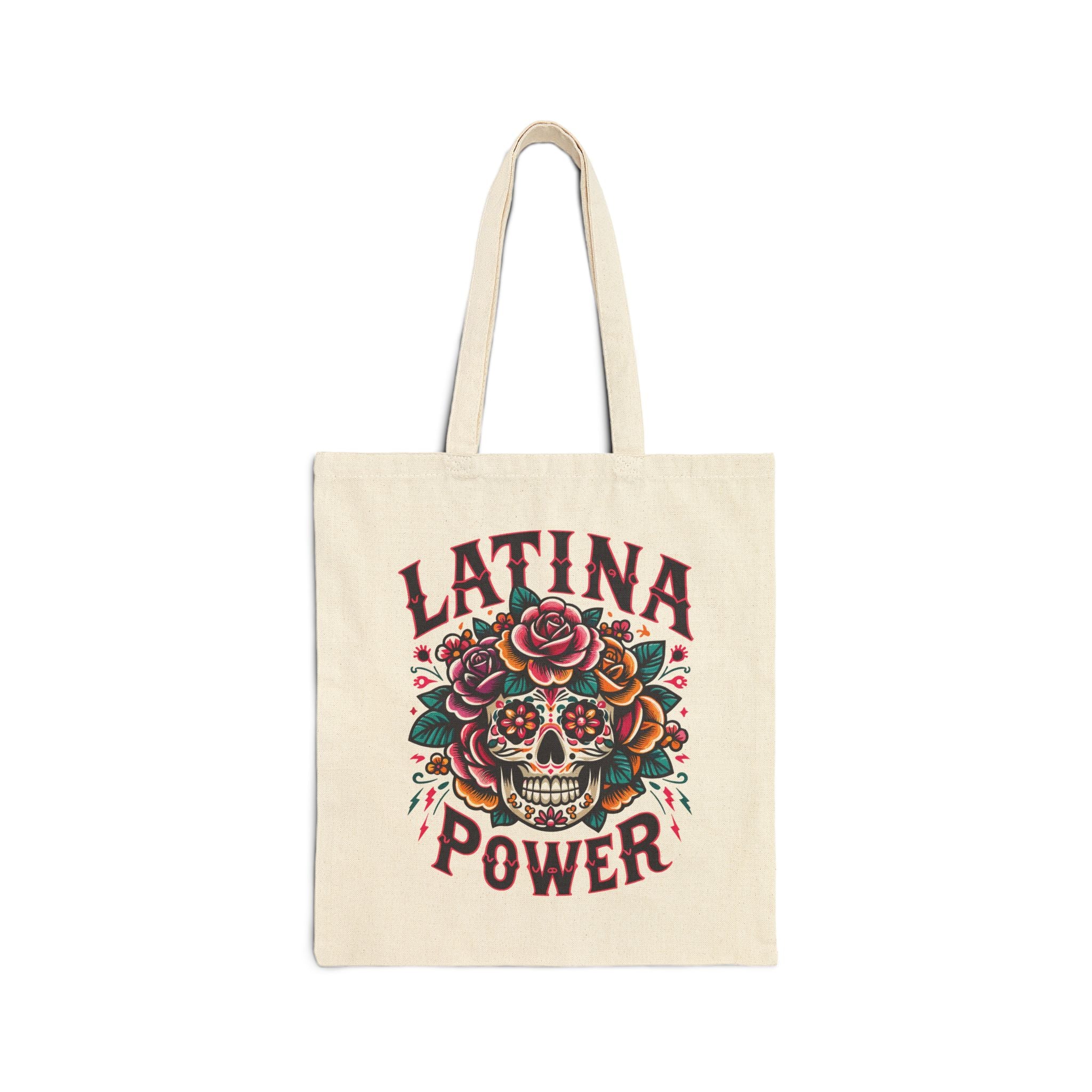 "Latina Power" Floral Sugar Skull Cotton Canvas Tote Bag