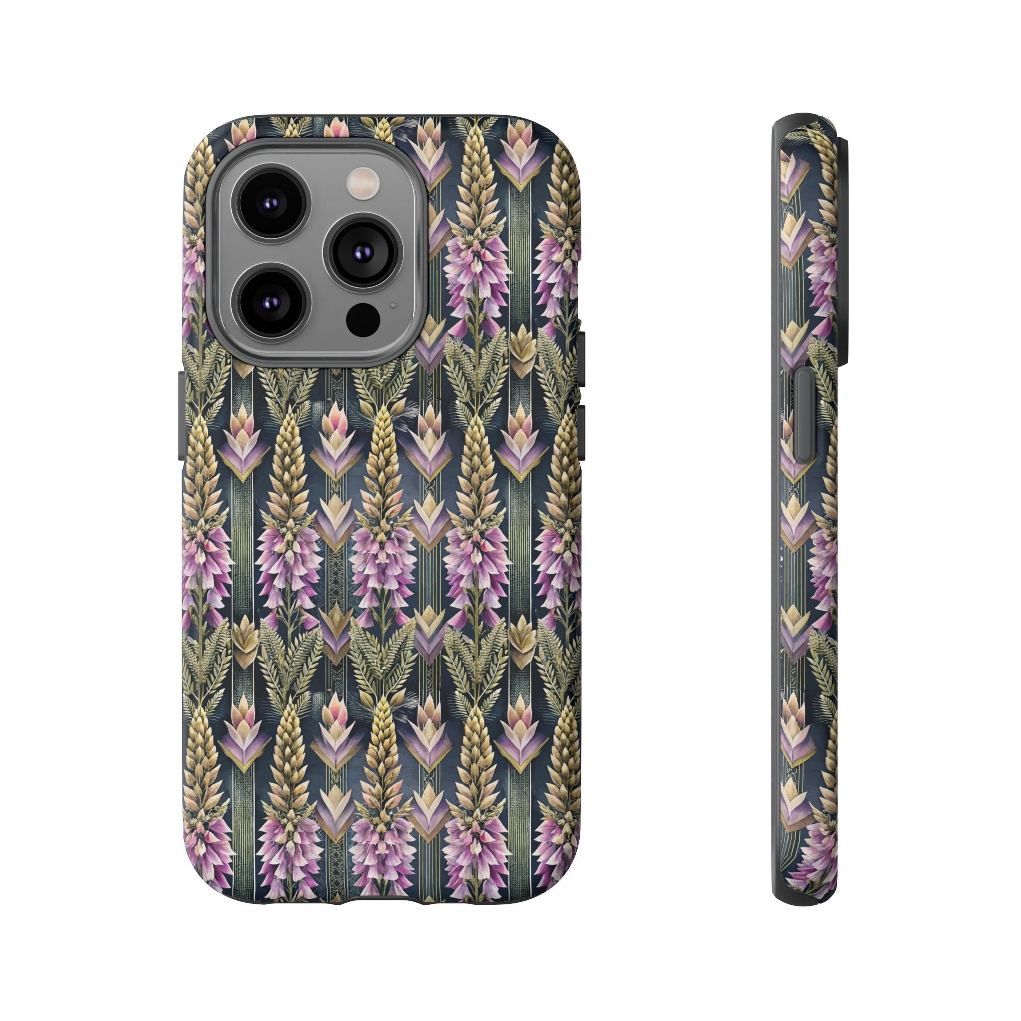 Art Deco Floral Chevron Tough Phone Case — Purple Lupine Pattern Mobile Protective Cover - iPhone, Google Pixel, Galaxy Models