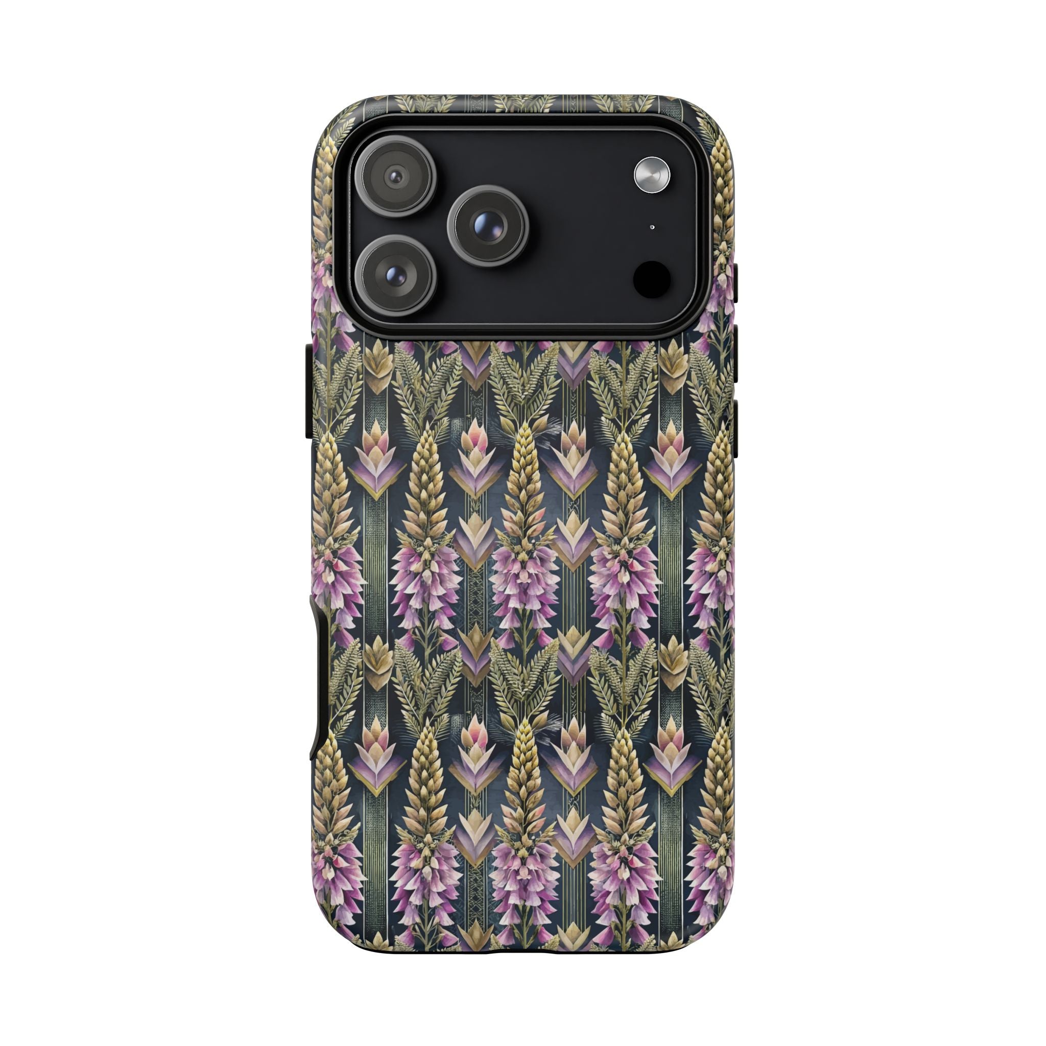 Art Deco Floral Chevron Tough Phone Case — Purple Lupine Pattern Mobile Protective Cover - iPhone, Google Pixel, Galaxy Models
