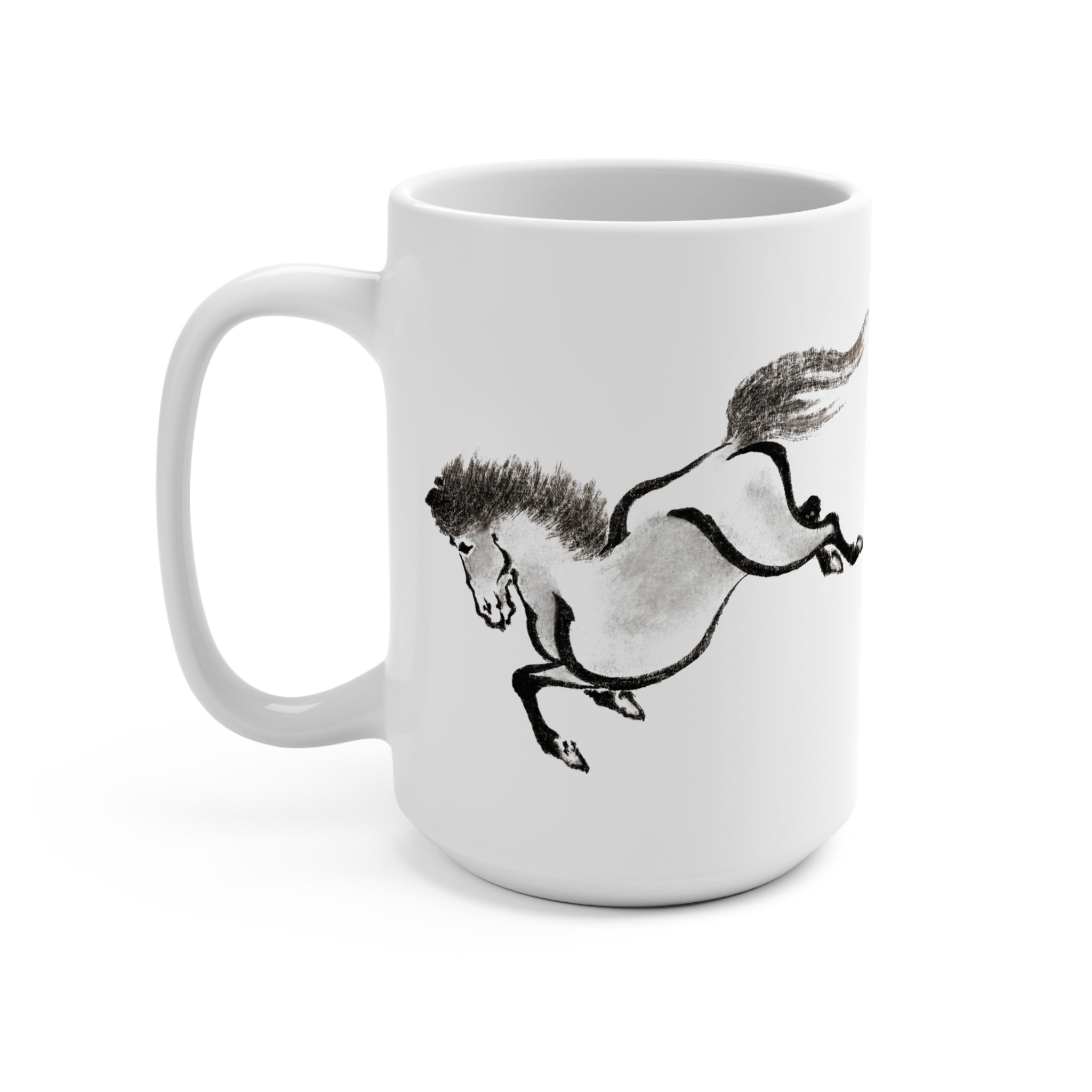 15oz Horse Mug — Vintage Japanese Art - Black Ink Galloping Horse Ceramic Coffee Cup