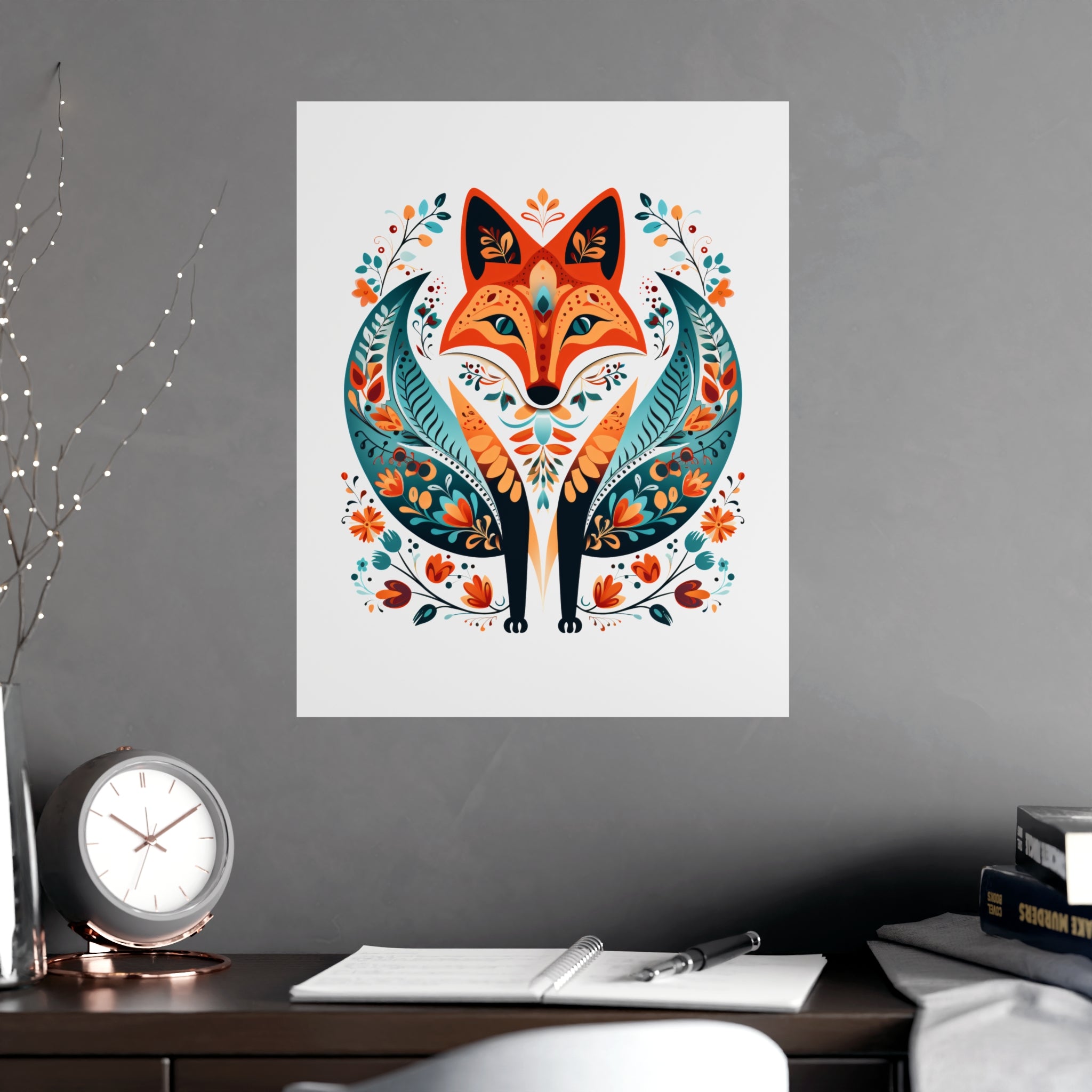 Nordic Floral Fox Folk Art Illustration Art Print - Scandi Vibes Matte Poster