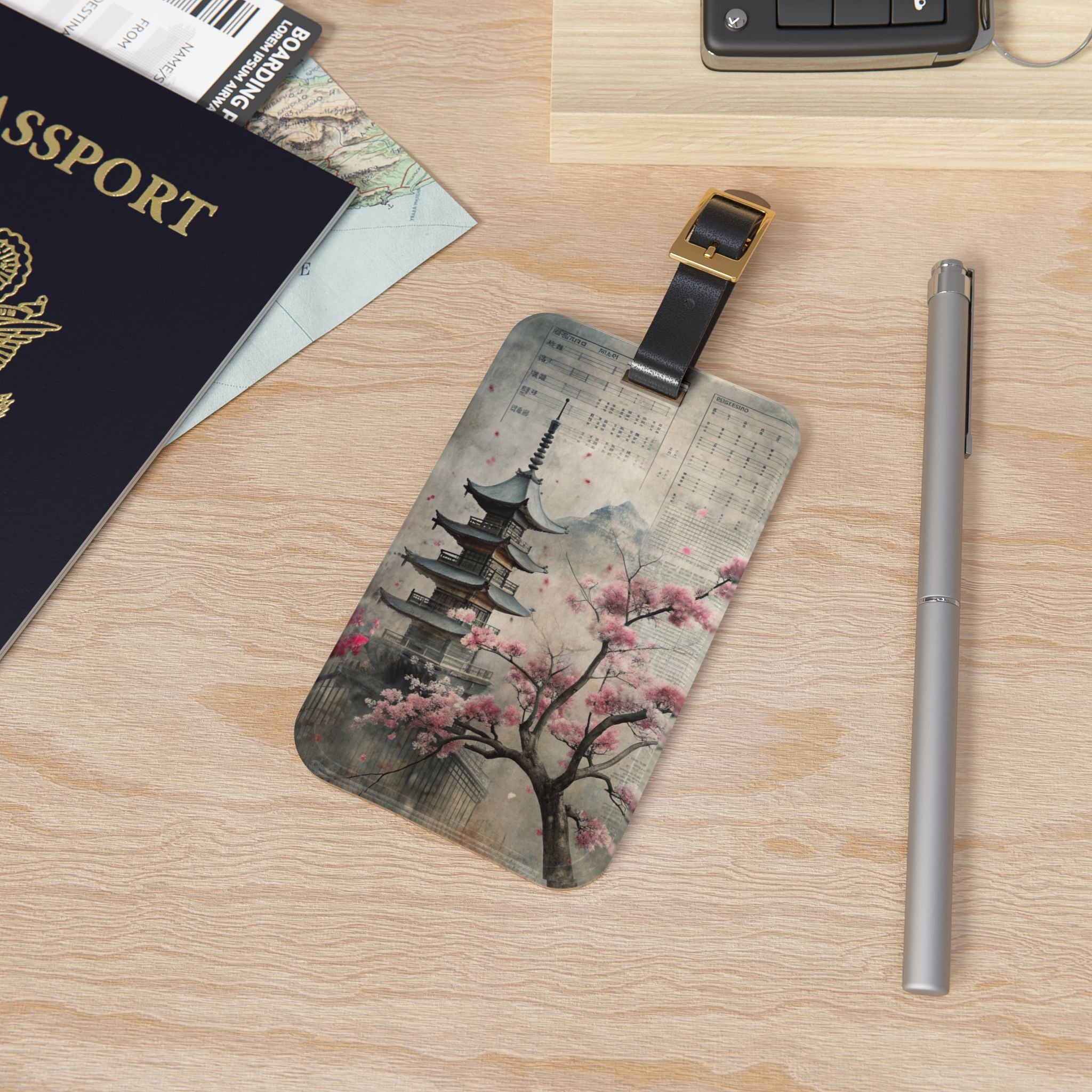 Acrylic Luggage Tag — Vintage Japanese Pagoda & Cherry Blossom Travel ID
