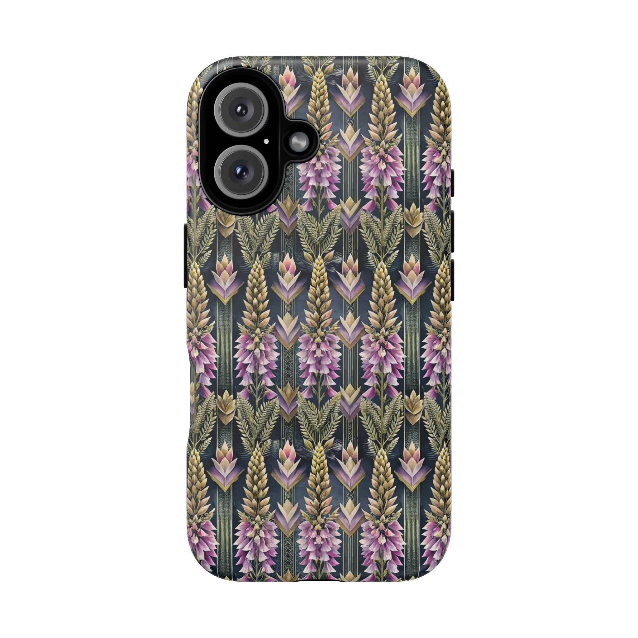 Art Deco Floral Chevron Tough Phone Case — Purple Lupine Pattern Mobile Protective Cover - iPhone, Google Pixel, Galaxy Models