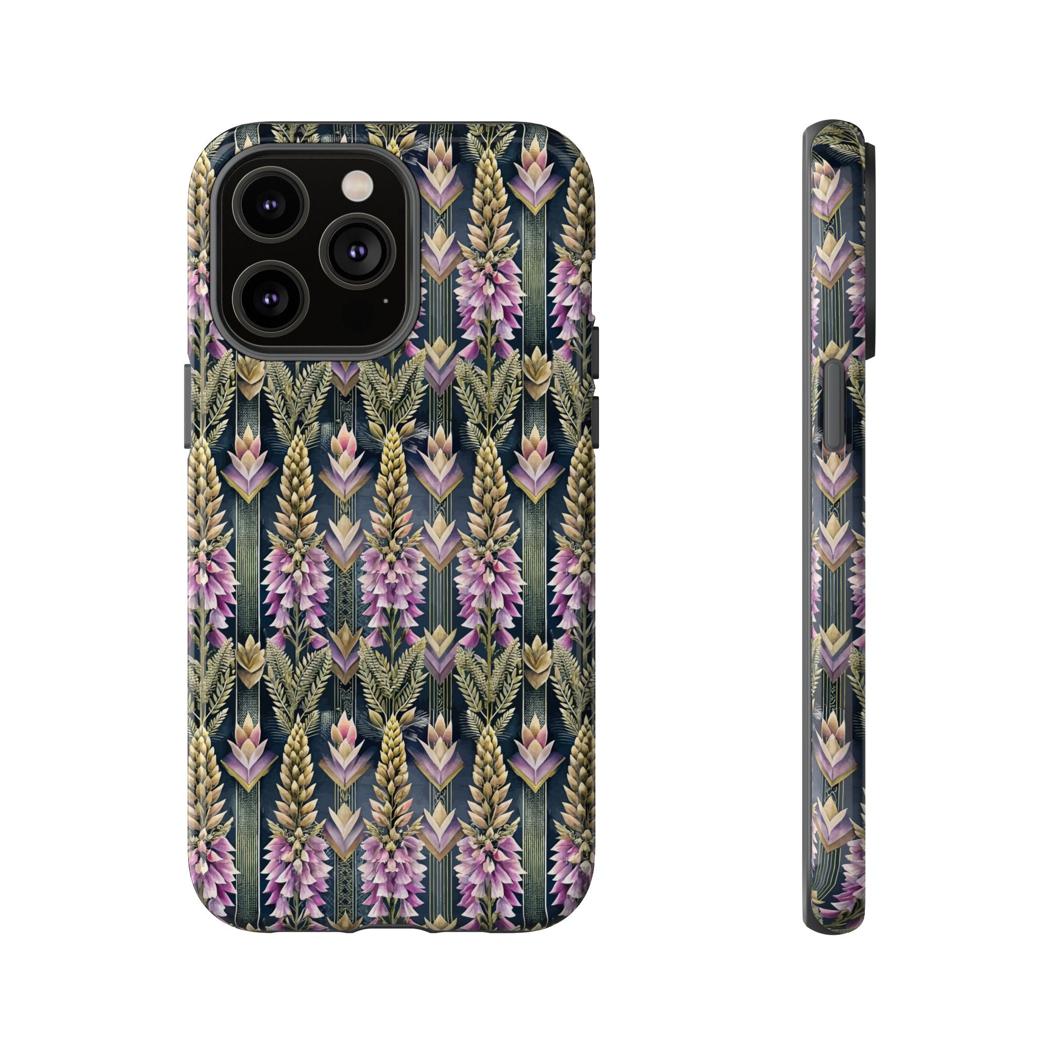 Art Deco Floral Chevron Tough Phone Case — Purple Lupine Pattern Mobile Protective Cover - iPhone, Google Pixel, Galaxy Models