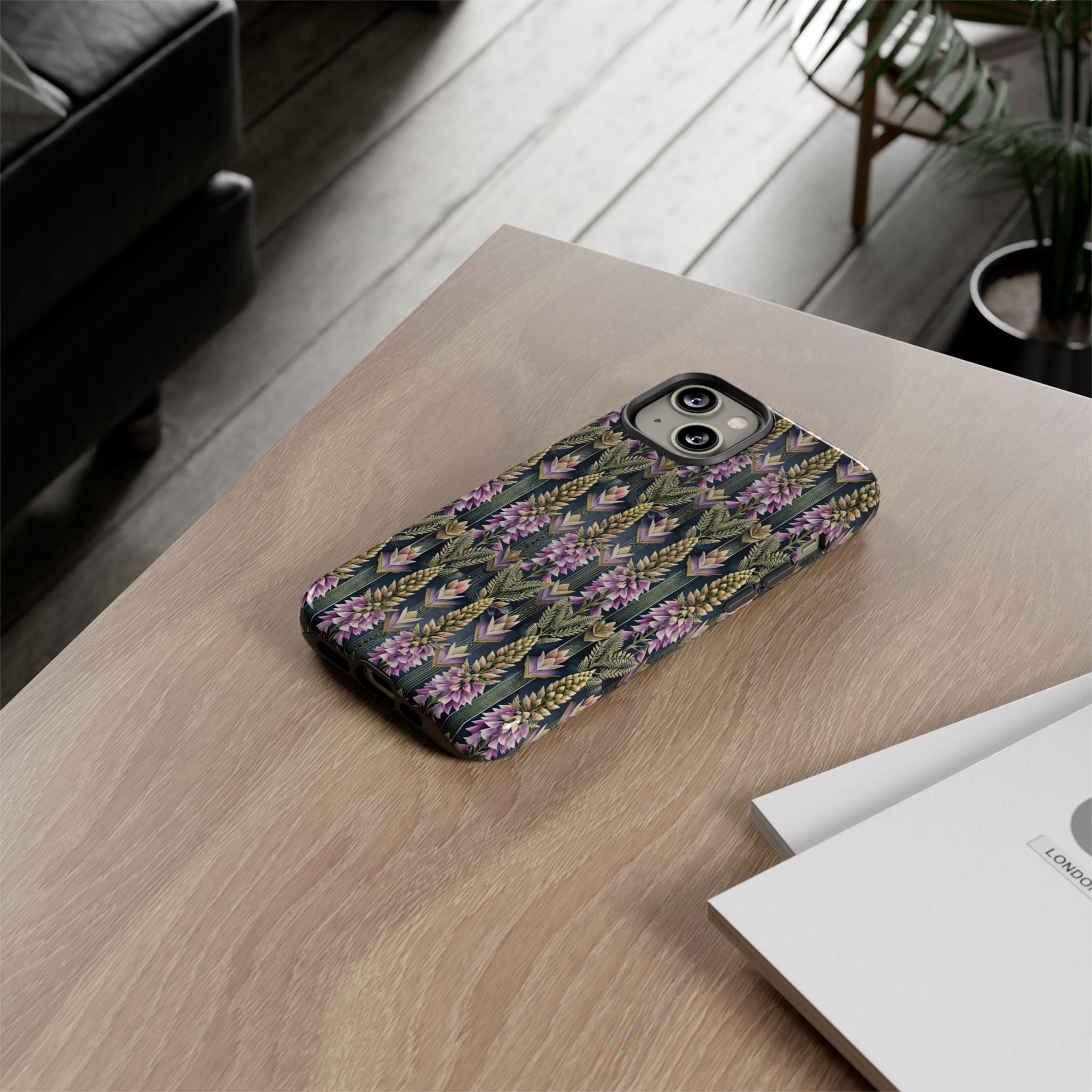 Art Deco Floral Chevron Tough Phone Case — Purple Lupine Pattern Mobile Protective Cover - iPhone, Google Pixel, Galaxy Models