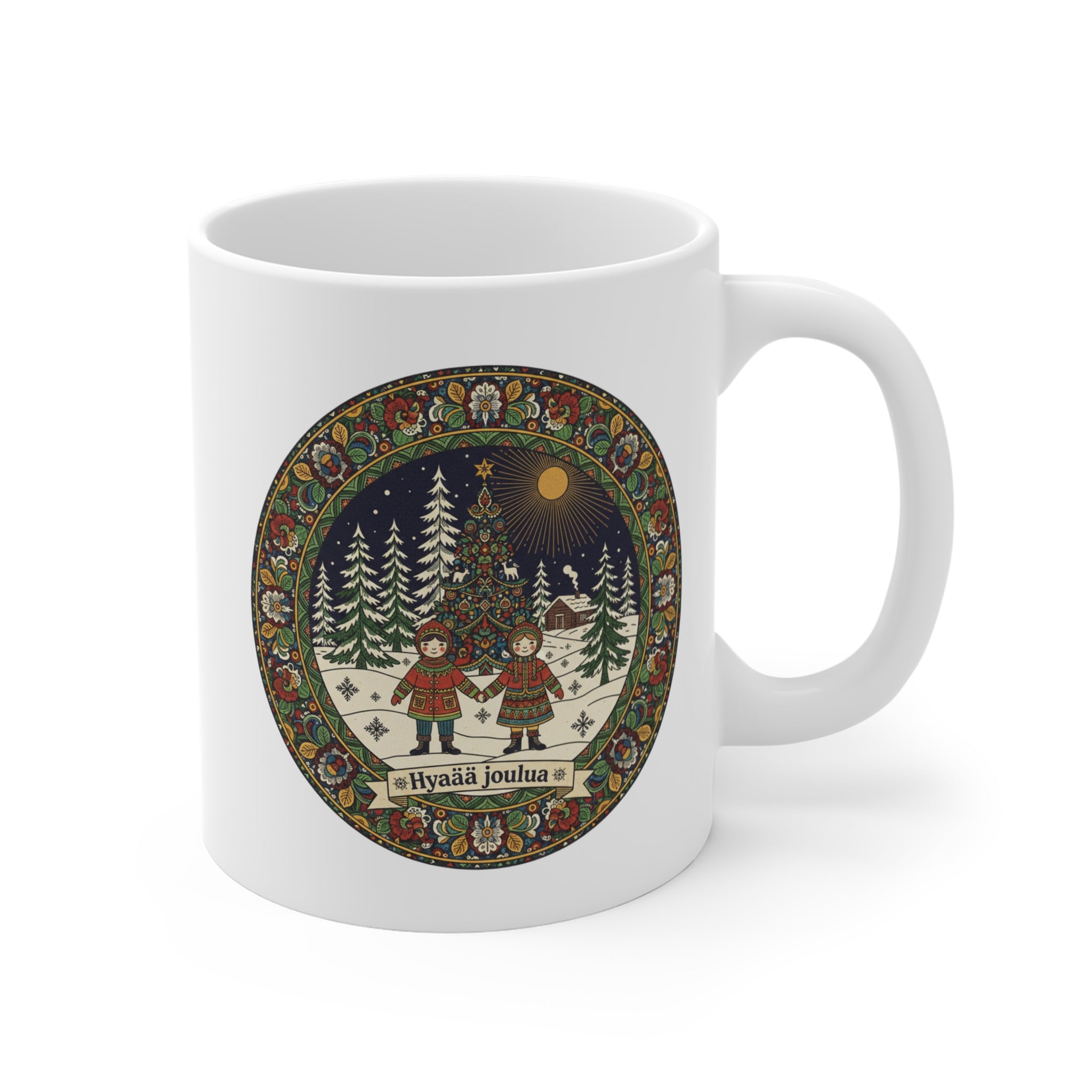 "Hyvää joulua" White Ceramic Mug — Finnish Folk Christmas Winter Scene - 11 oz Coffee Cup