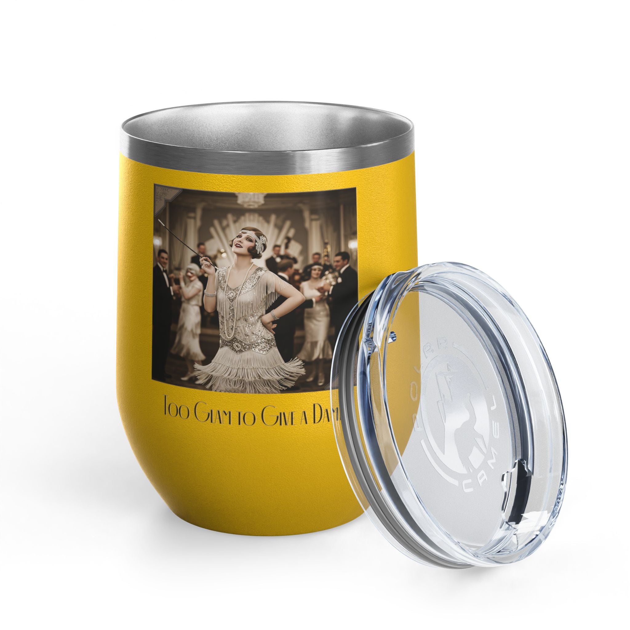 12oz Stainless Steel Wine Tumbler — Vintage Gatsby Party Design "Too Glam to Give a Damn"