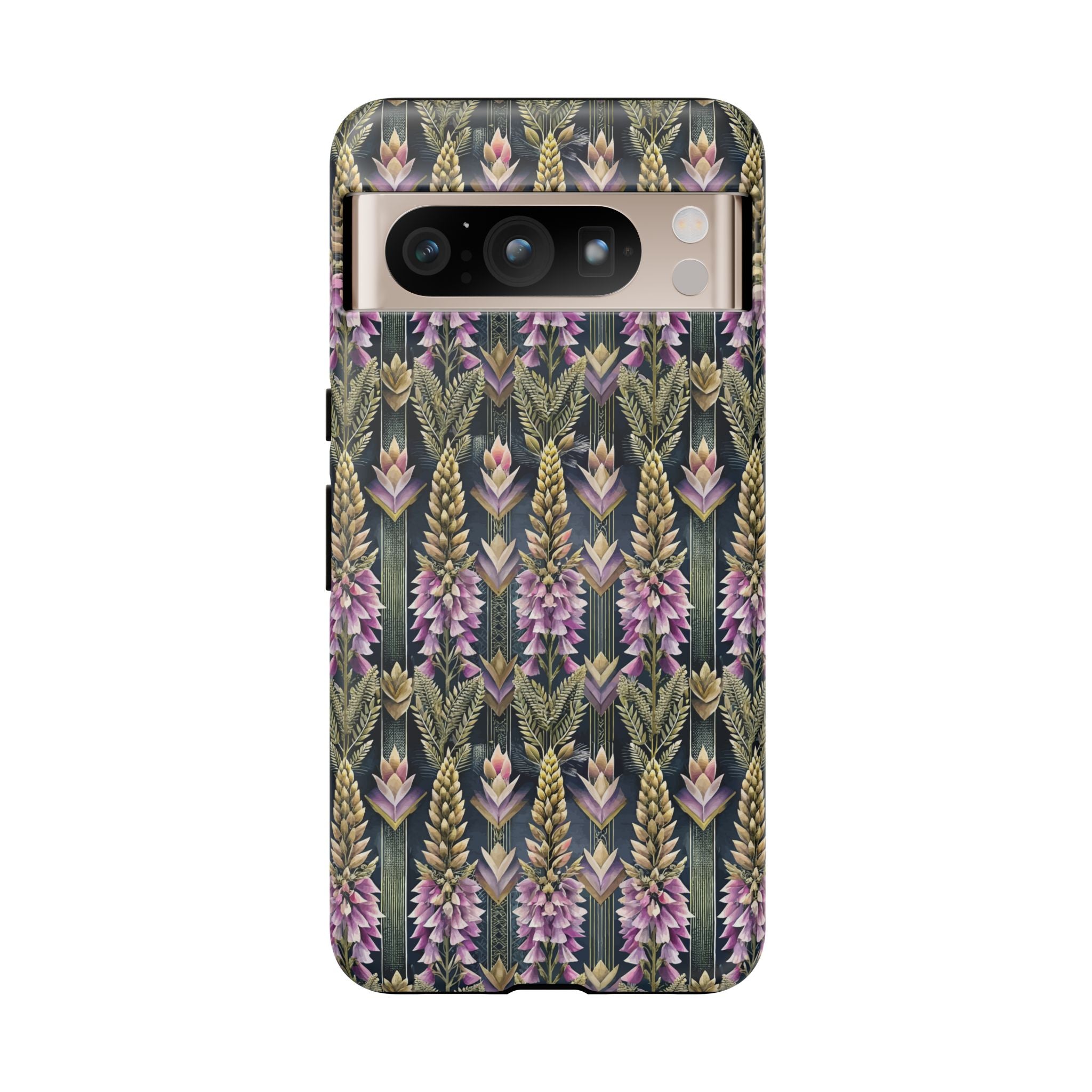 Art Deco Floral Chevron Tough Phone Case — Purple Lupine Pattern Mobile Protective Cover - iPhone, Google Pixel, Galaxy Models
