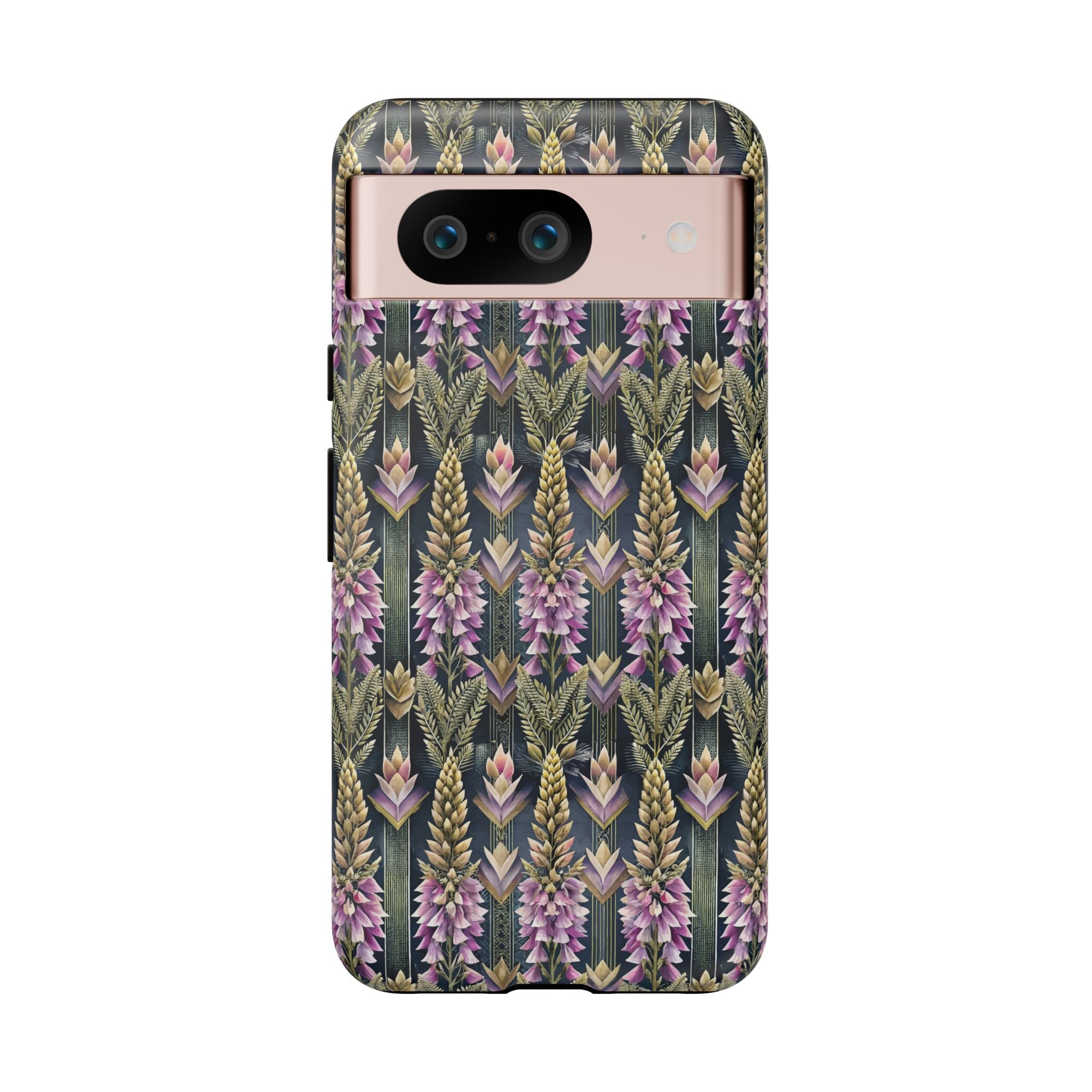 Art Deco Floral Chevron Tough Phone Case — Purple Lupine Pattern Mobile Protective Cover - iPhone, Google Pixel, Galaxy Models