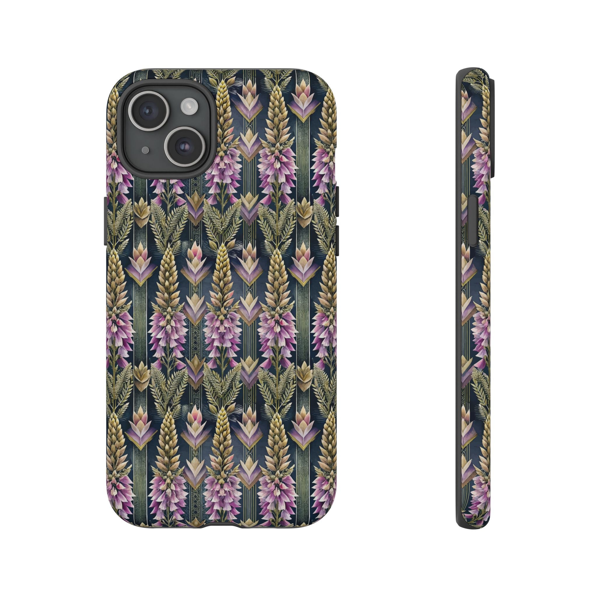 Art Deco Floral Chevron Tough Phone Case — Purple Lupine Pattern Mobile Protective Cover - iPhone, Google Pixel, Galaxy Models