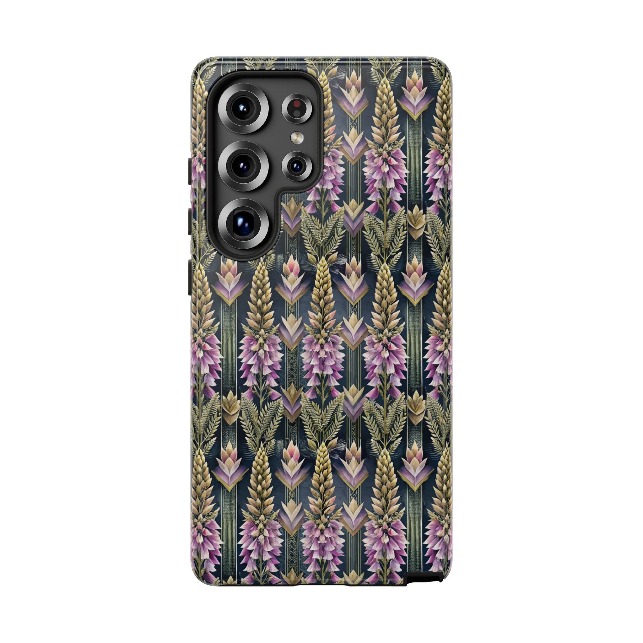 Art Deco Floral Chevron Tough Phone Case — Purple Lupine Pattern Mobile Protective Cover - iPhone, Google Pixel, Galaxy Models