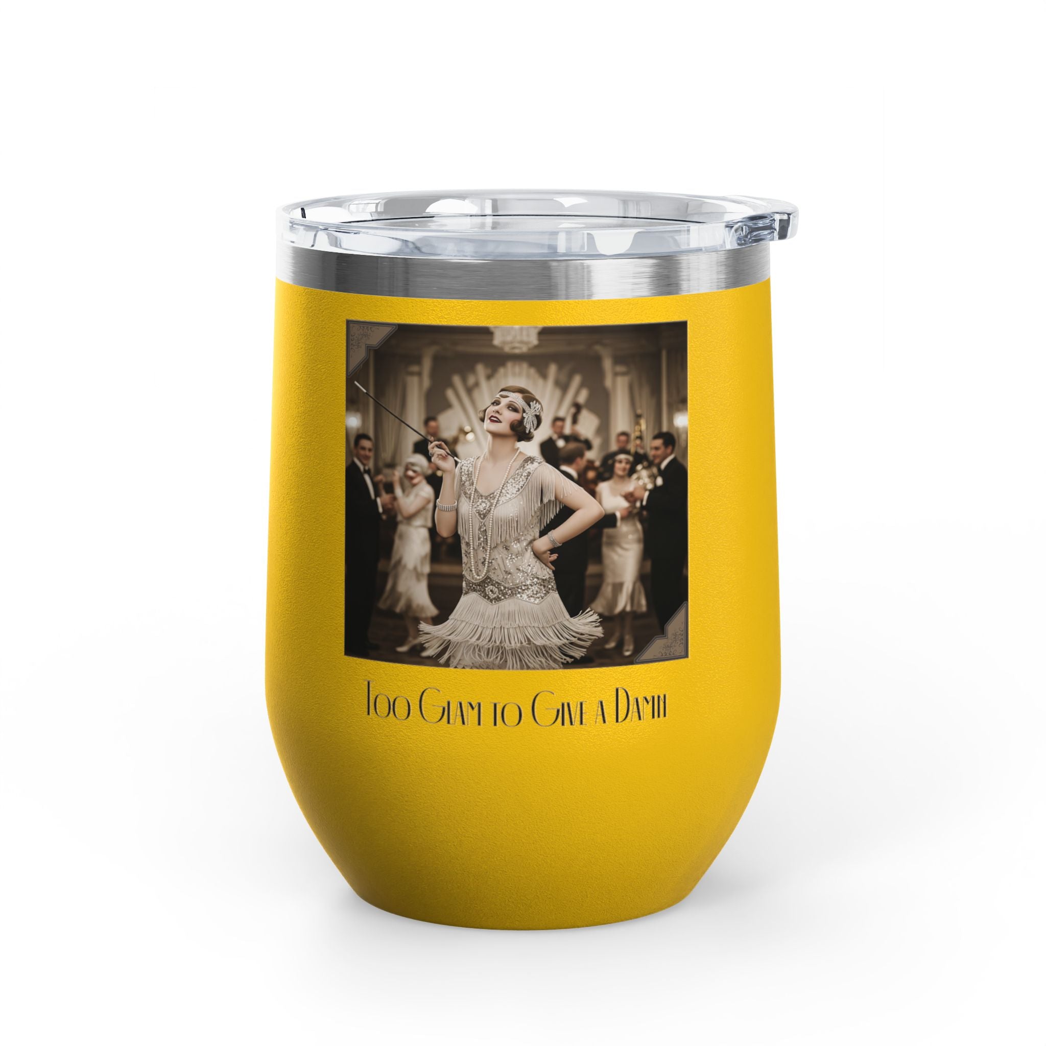 12oz Stainless Steel Wine Tumbler — Vintage Gatsby Party Design "Too Glam to Give a Damn"