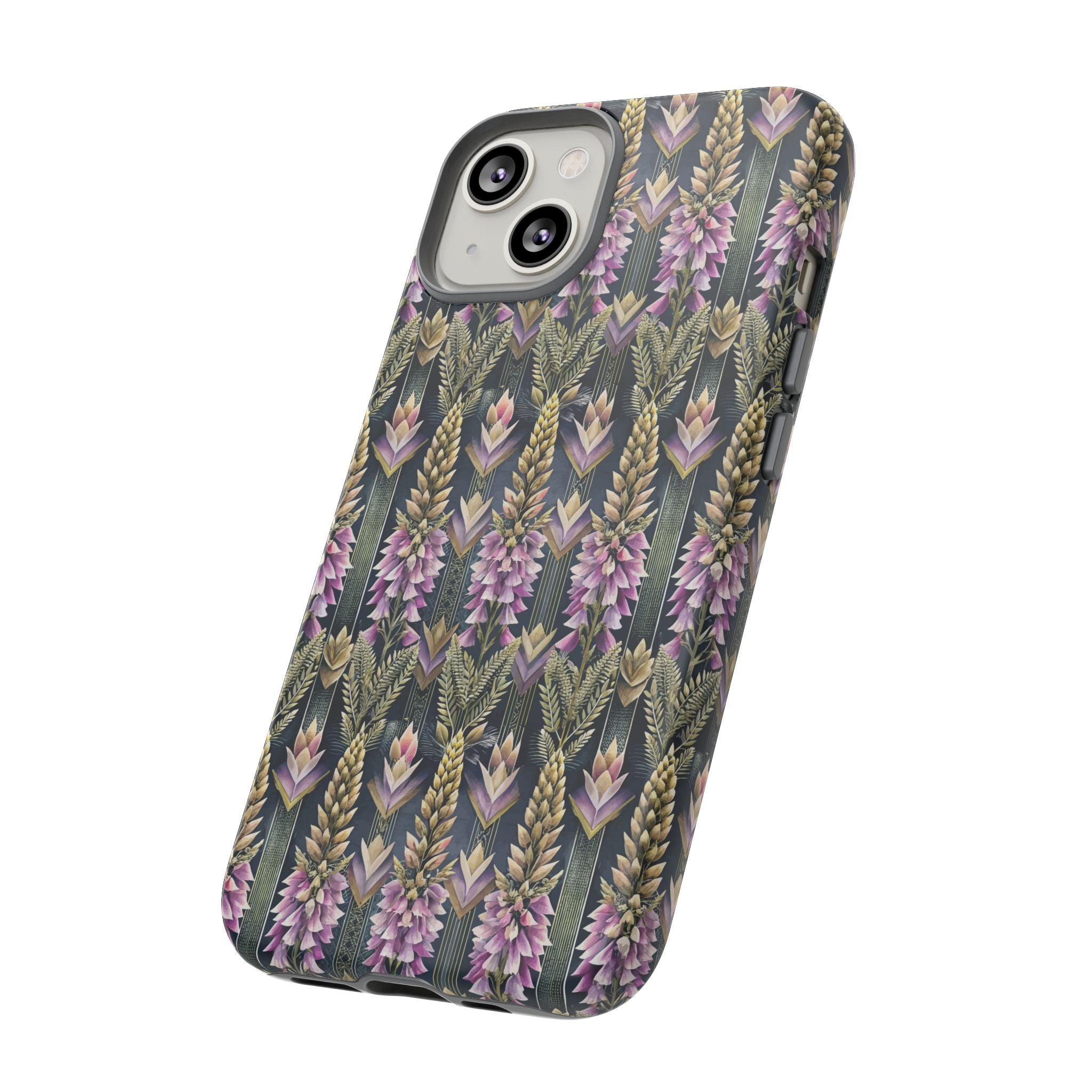 Art Deco Floral Chevron Tough Phone Case — Purple Lupine Pattern Mobile Protective Cover - iPhone, Google Pixel, Galaxy Models