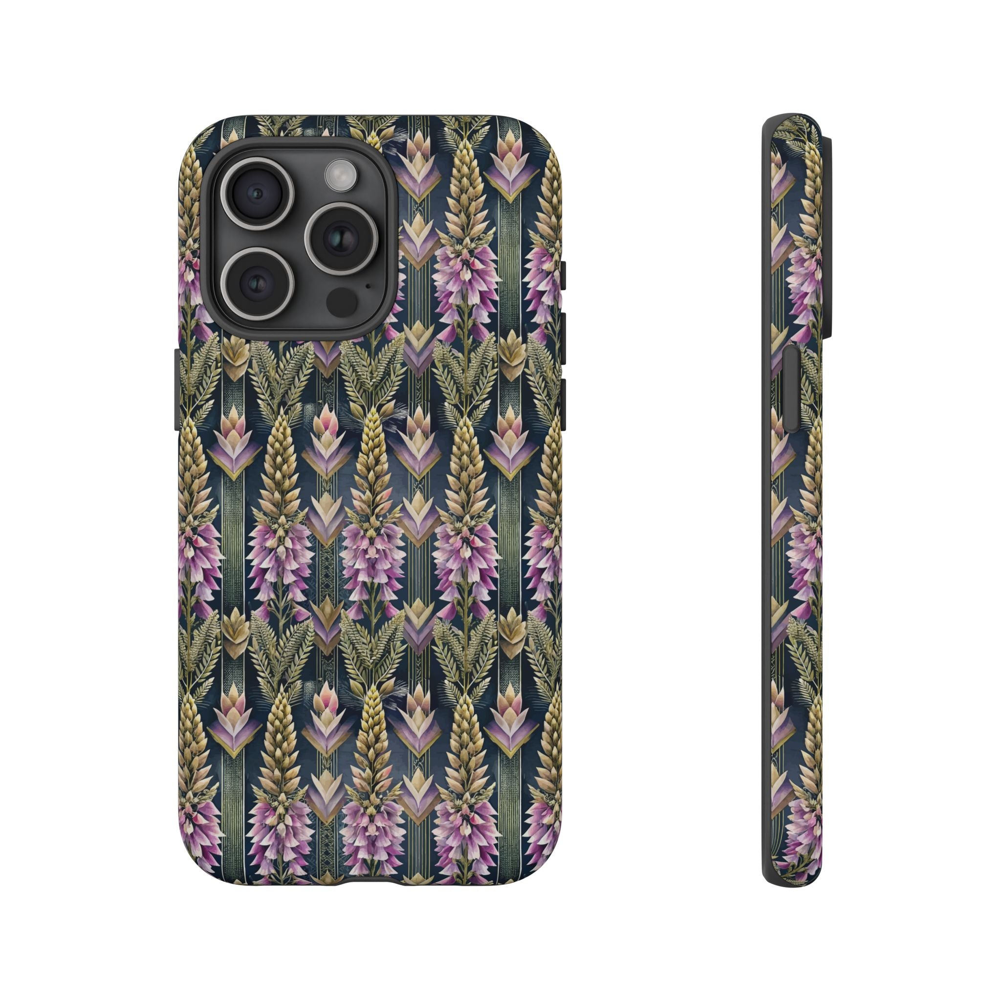 Art Deco Floral Chevron Tough Phone Case — Purple Lupine Pattern Mobile Protective Cover - iPhone, Google Pixel, Galaxy Models