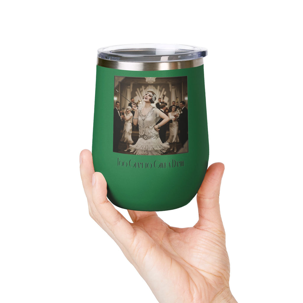 12oz Stainless Steel Wine Tumbler — Vintage Gatsby Party Design "Too Glam to Give a Damn"