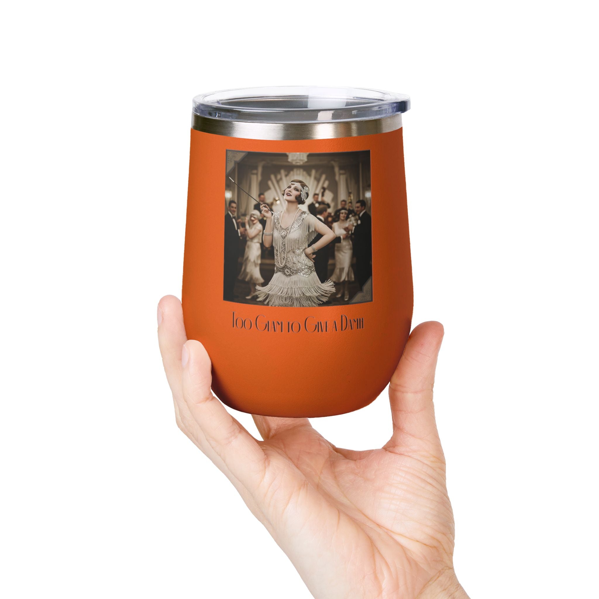 12oz Stainless Steel Wine Tumbler — Vintage Gatsby Party Design "Too Glam to Give a Damn"