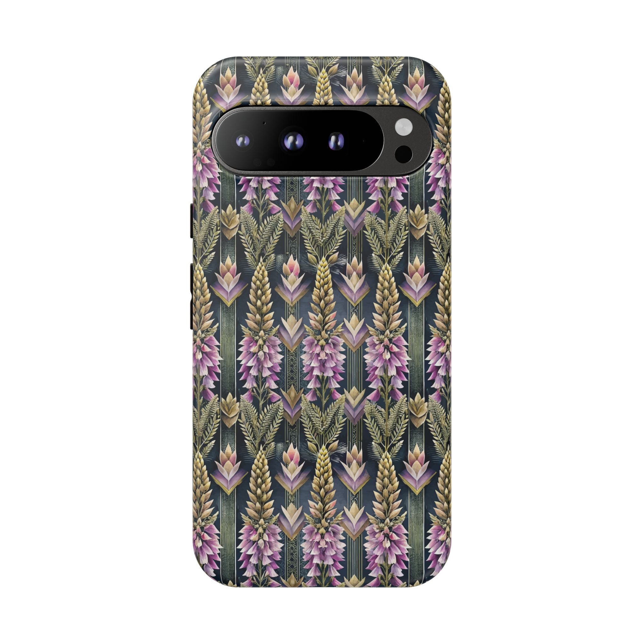 Art Deco Floral Chevron Tough Phone Case — Purple Lupine Pattern Mobile Protective Cover - iPhone, Google Pixel, Galaxy Models
