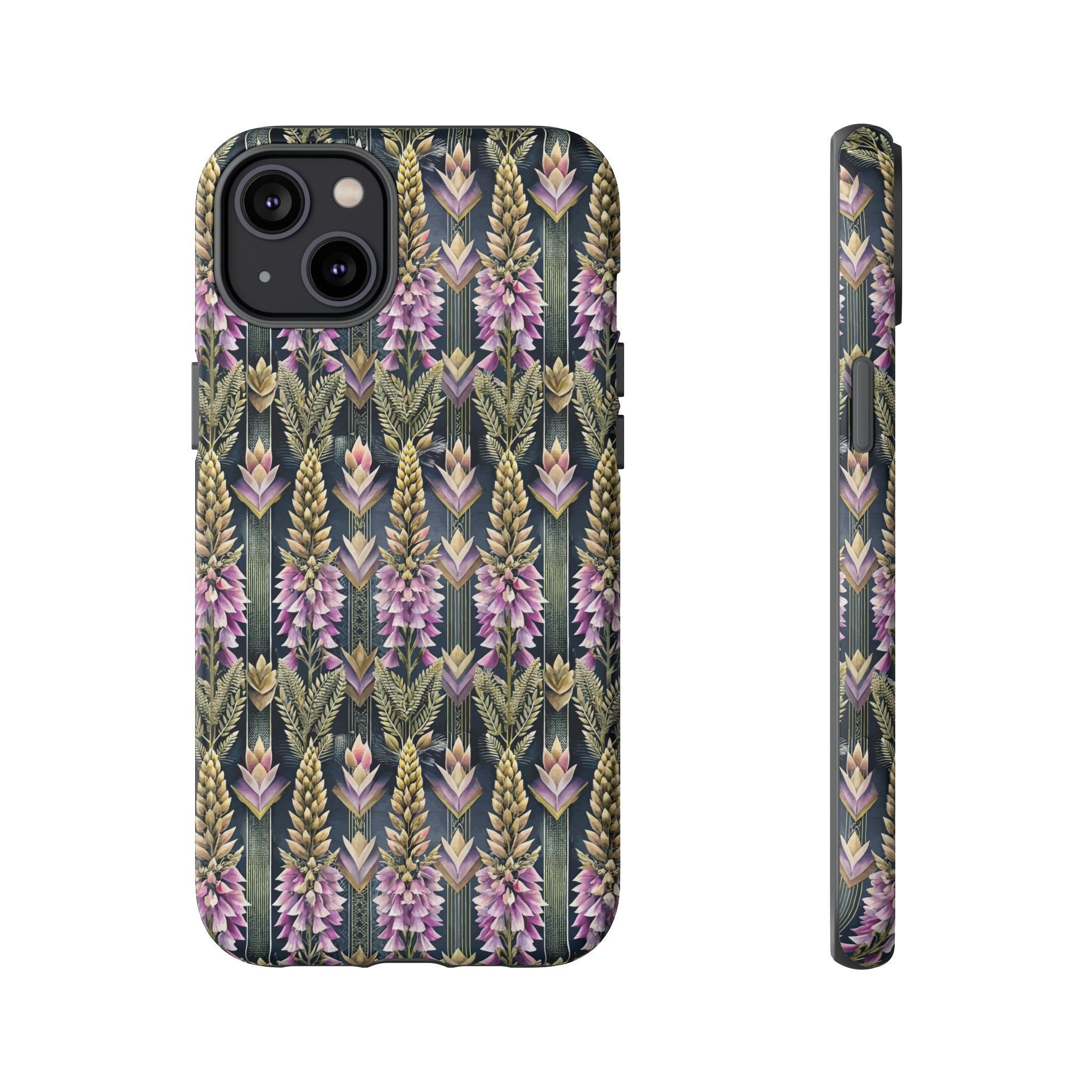 Art Deco Floral Chevron Tough Phone Case — Purple Lupine Pattern Mobile Protective Cover - iPhone, Google Pixel, Galaxy Models
