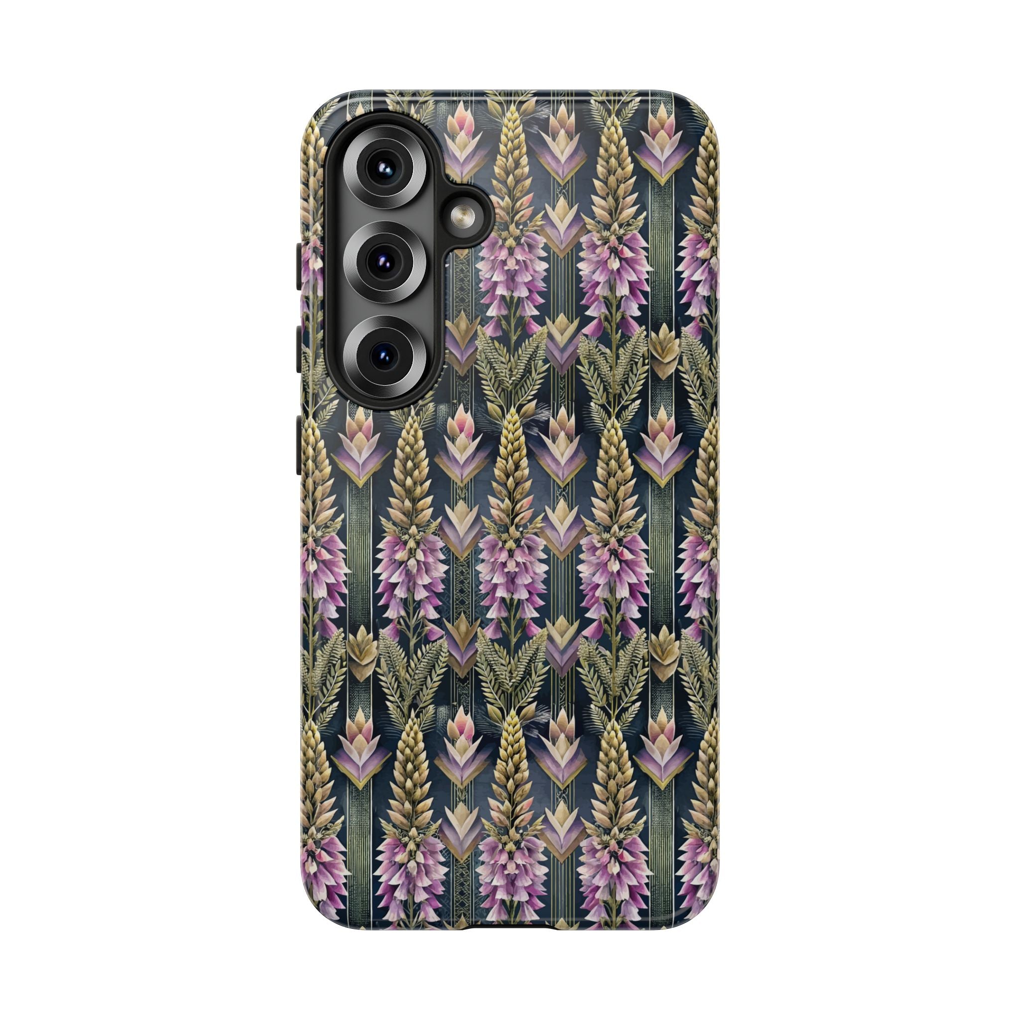 Art Deco Floral Chevron Tough Phone Case — Purple Lupine Pattern Mobile Protective Cover - iPhone, Google Pixel, Galaxy Models