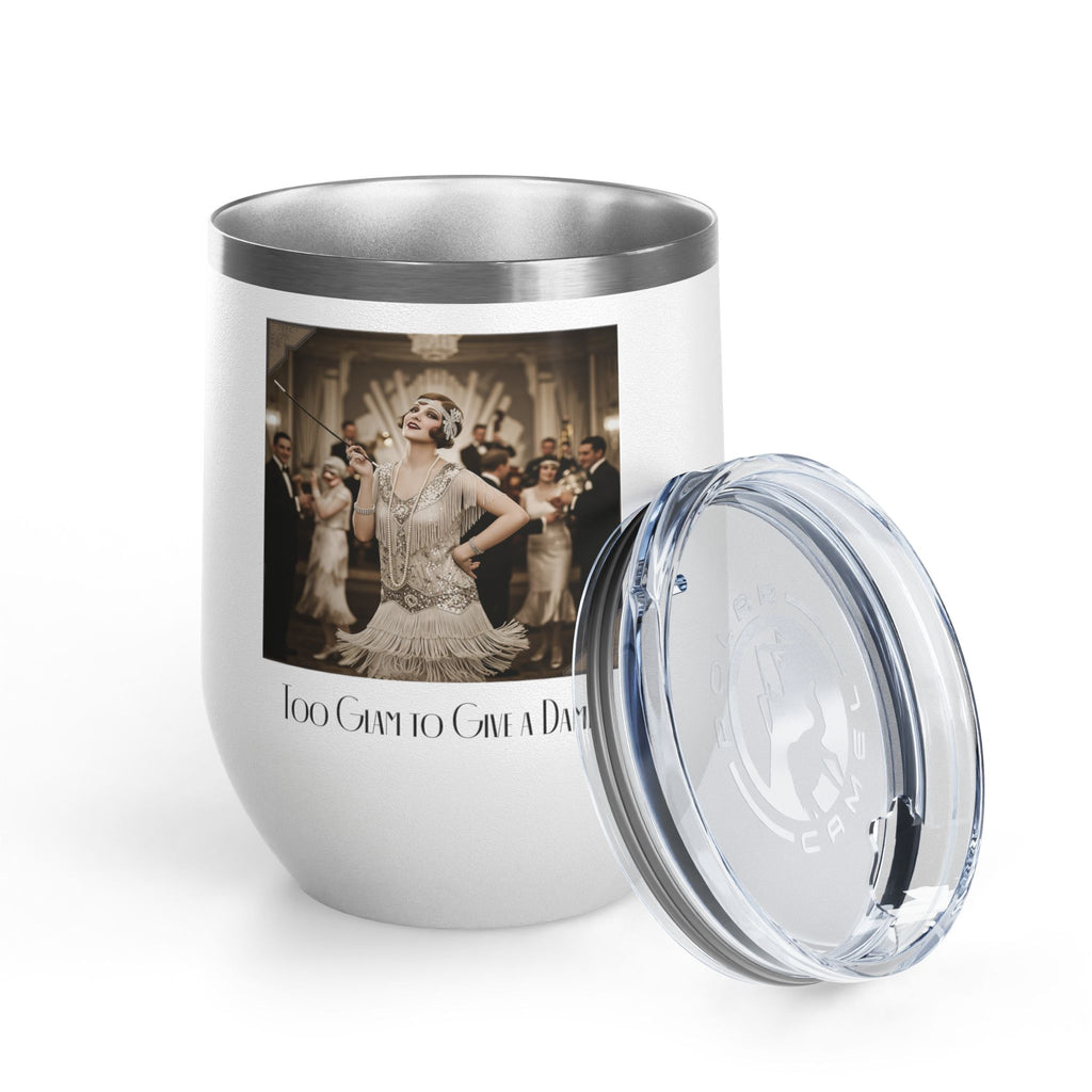 12oz Stainless Steel Wine Tumbler — Vintage Gatsby Party Design "Too Glam to Give a Damn"