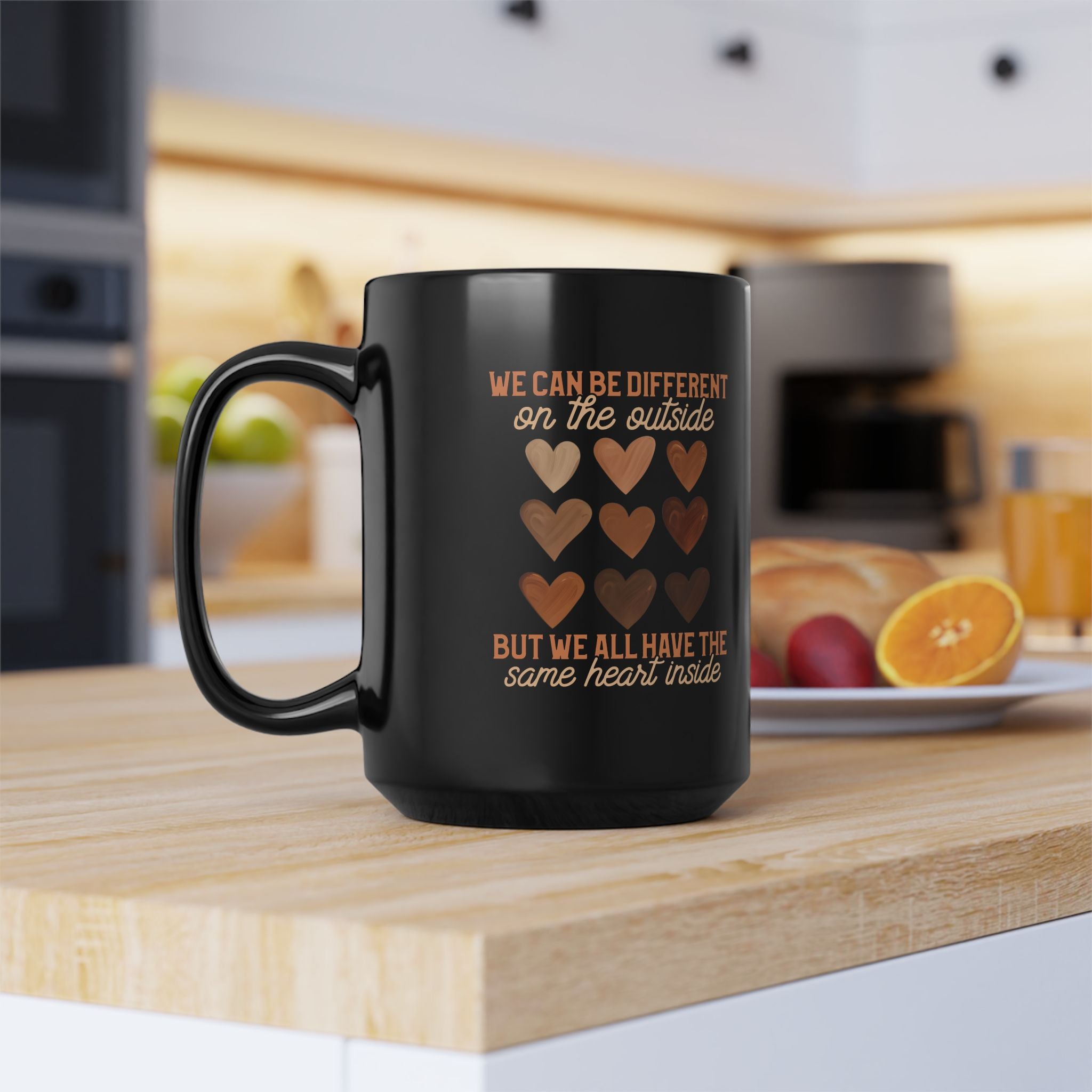 15oz Black Ceramic Mug — "Different Outside, Same Heart Inside" Inspirational Coffee Cup