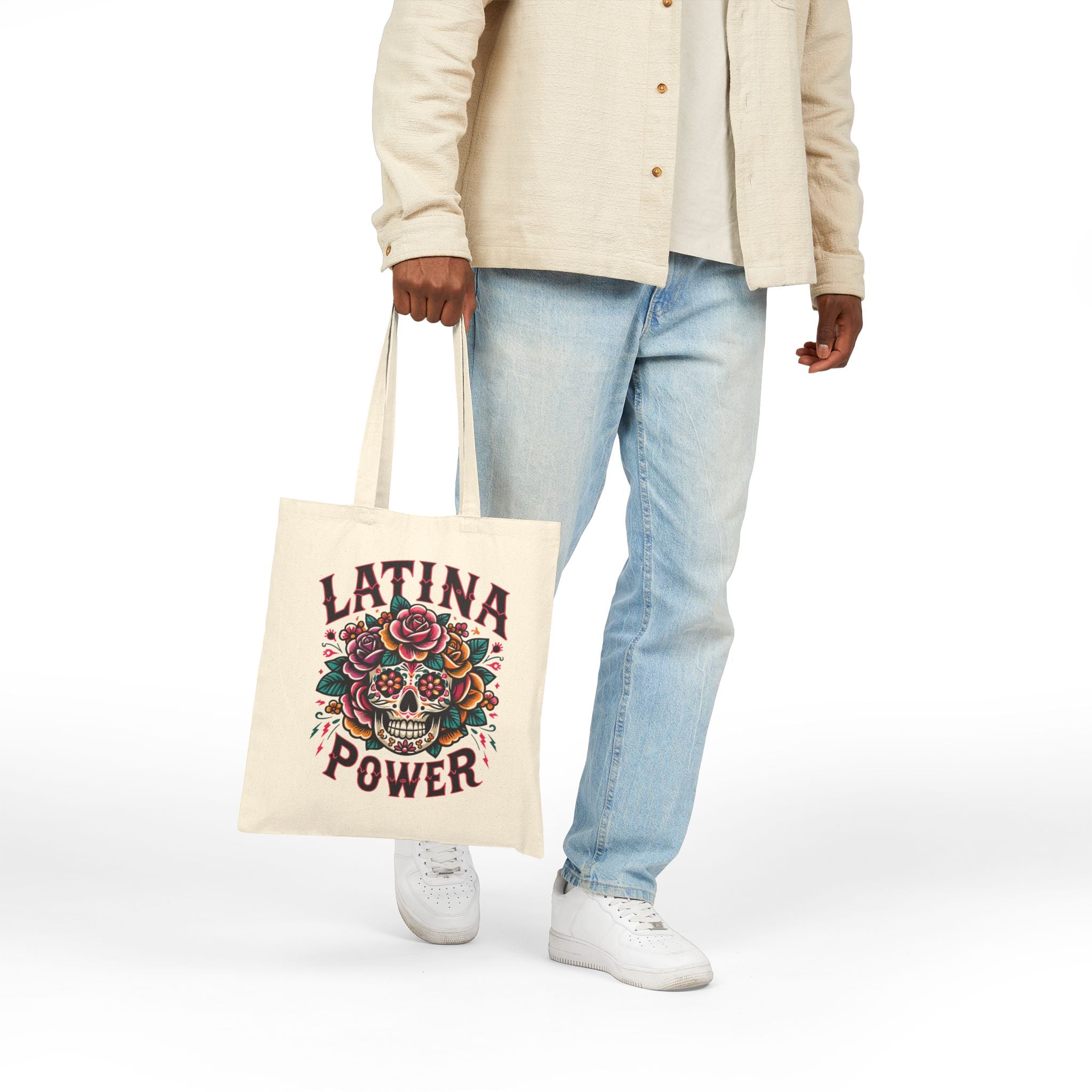 "Latina Power" Floral Sugar Skull Cotton Canvas Tote Bag